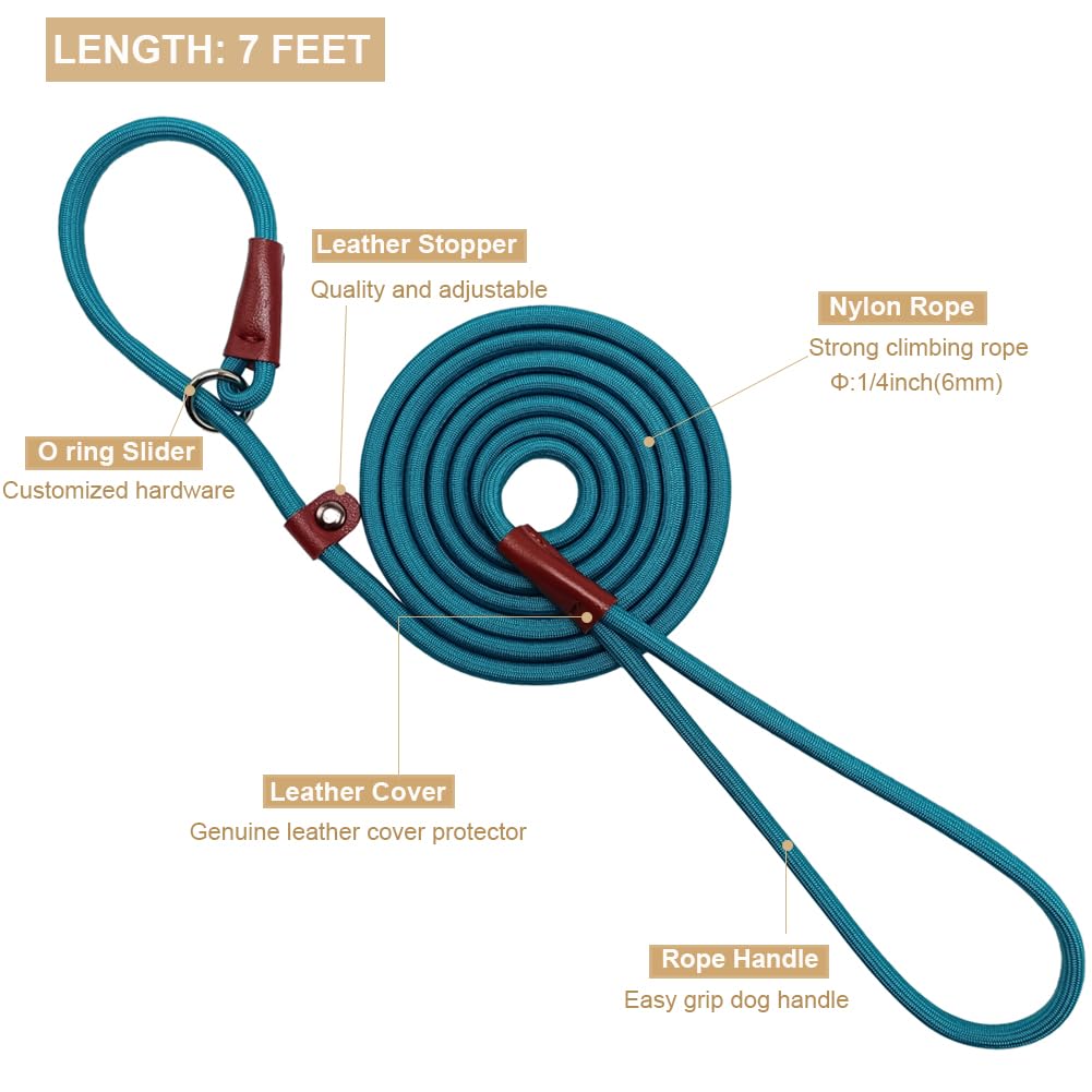 Btinesful 7Ft Slip Lead Dog Leash, Strong Nylon Rope Leash, 1/4 Inch Diam Dog Training Lead For Small Medium Large Dogs, Misty B