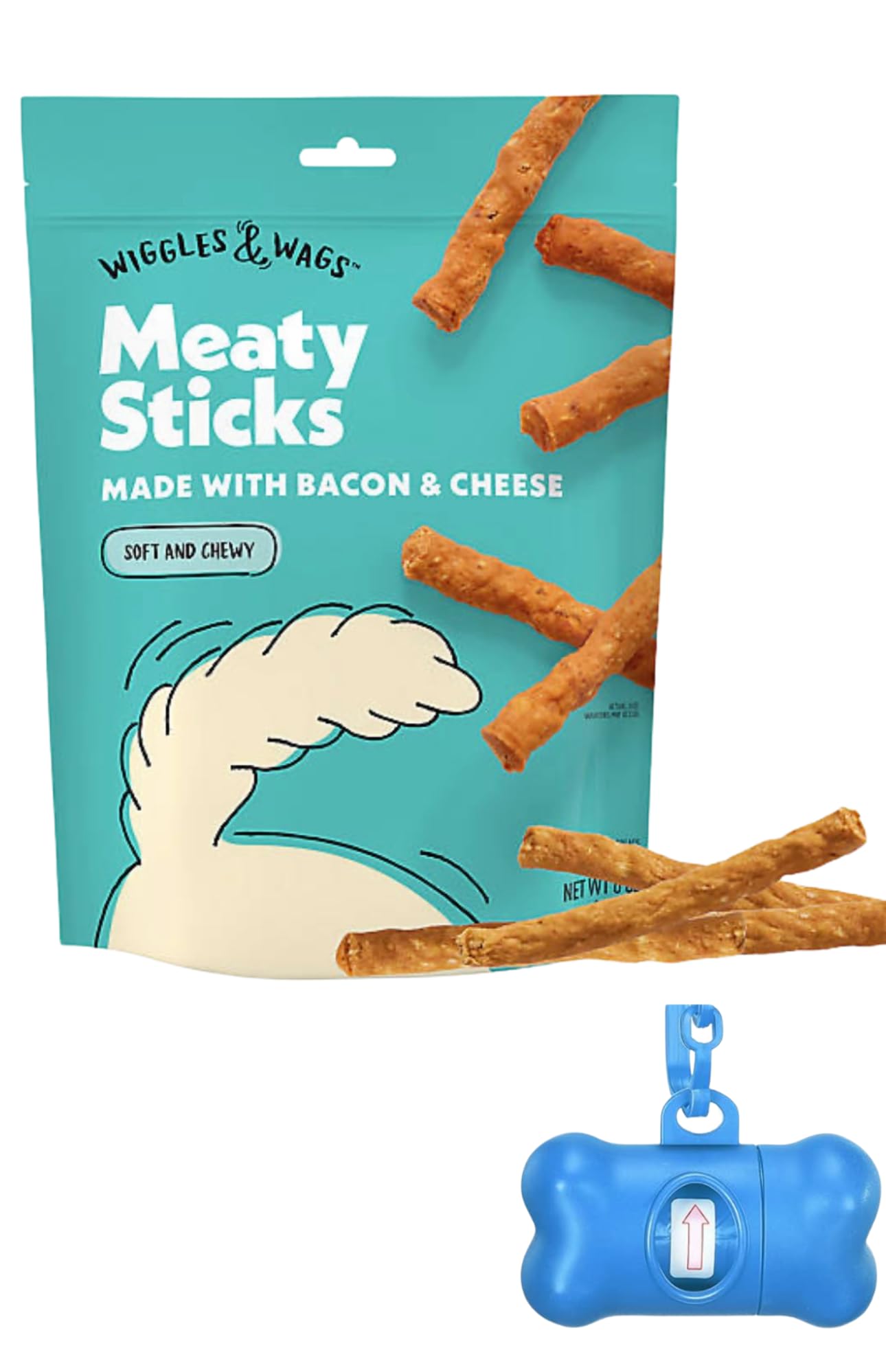 Wiggles & Wags Meaty Sticks Dog Treats, Bacon & Cheese Flavor, 6 oz with DN Essentials Bone Shaped Bag Dispenser & Roll