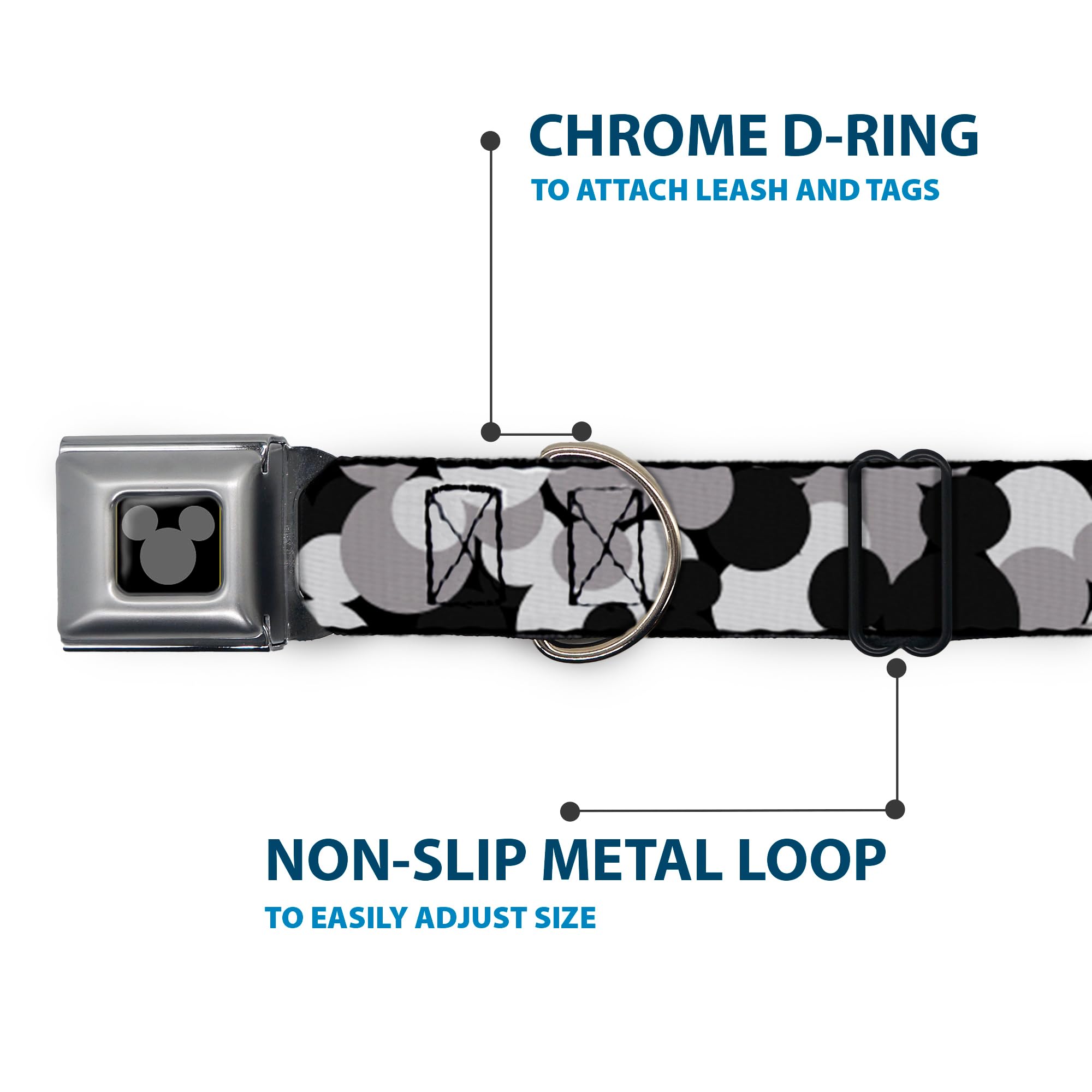 Buckle-Down Dog Collar Seatbelt Buckle Mickey Mouse Head Stacked Black Grays 15 To 26 Inches 1.0 Inch Wide, Multicolor, Dc-Wdy34