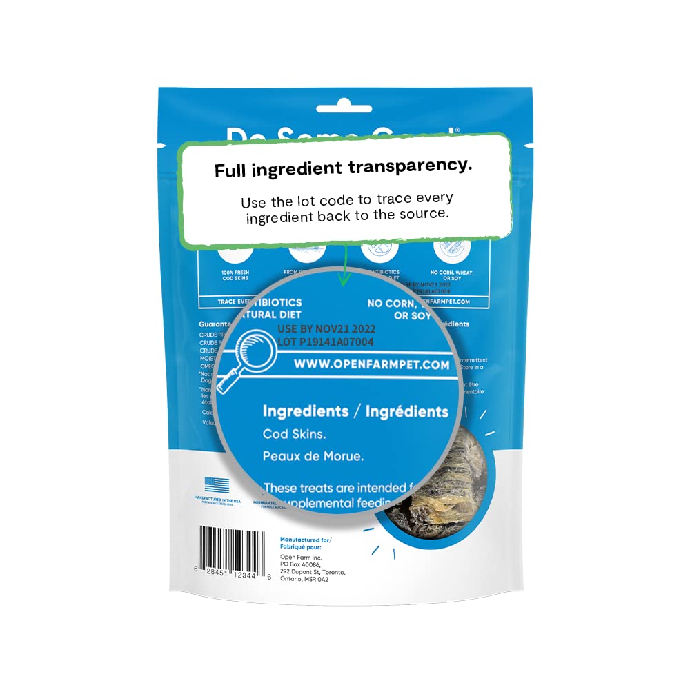 Open Farm Dehydrated Cod Skin Grain-Free Dog Treats, One-Ingredient Gently Cooked Pacific Fish Recipe with No Artificial Flavors