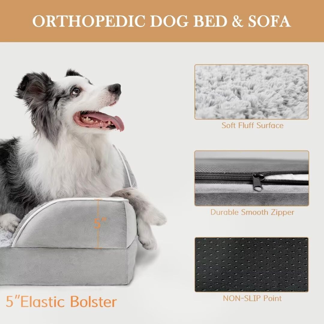 Comfort Expression Cooling Dog Bed, Orthopedic Memory Foam Dog Bed, Jumbo Dog Bed For Extra Large Dogs, Jumbo Breed Dog Bed, Waterproof Dog Bed With Bolster & Removable Cover(Jumbo,Light Grey)
