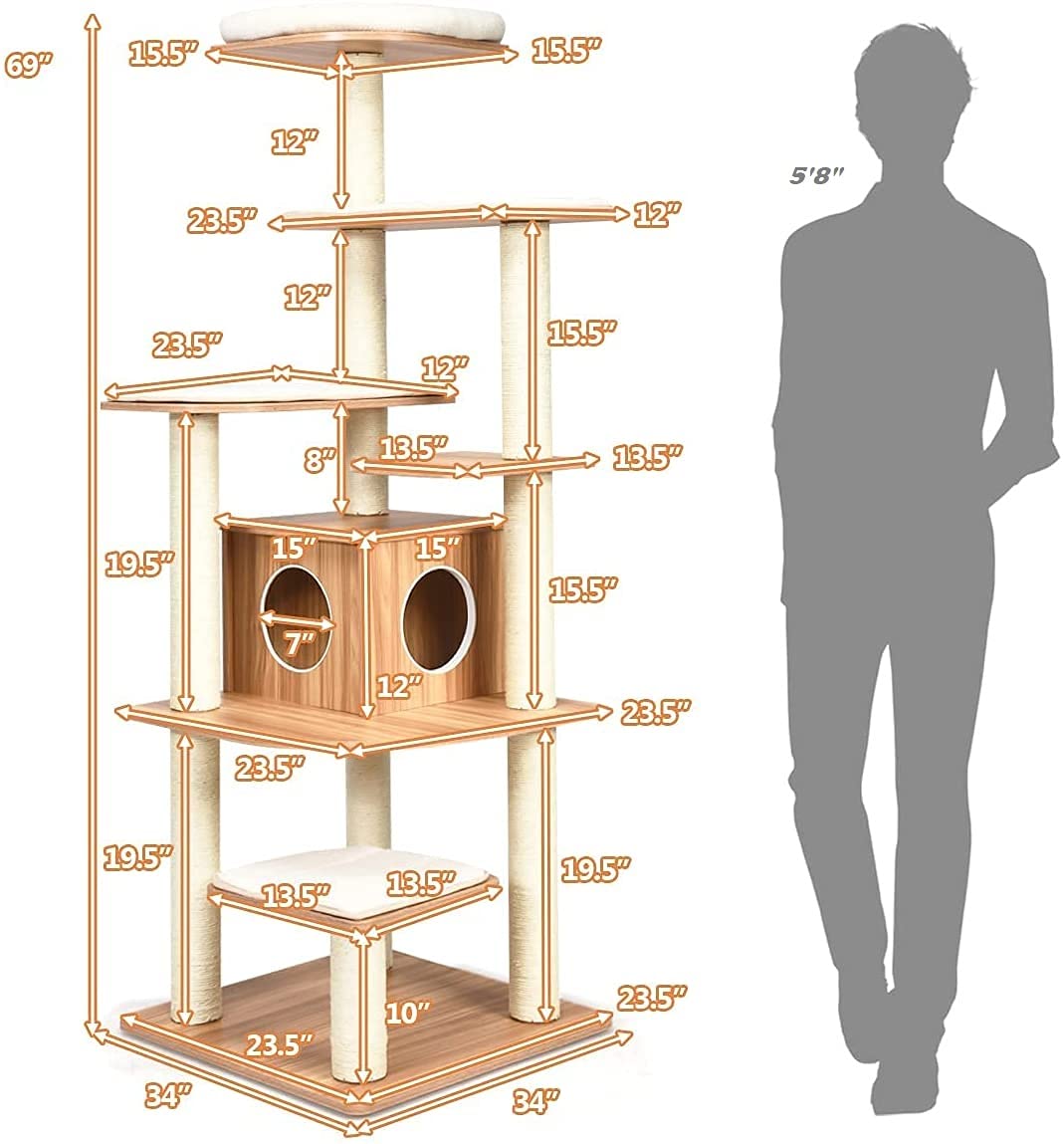 Tangkula Tall Cat Tree, 69-Inch Modern Cat Tower with Sisal Rope Scratching Posts, Wood Cat Tree with Multi-Layer Platform, Cat
