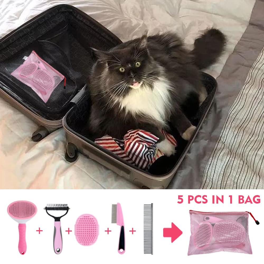 Master Queen Dog Grooming Kit - Deshedding Brush For Short Hair, Slicker Brush, Flea Comb, Puppy Brush Set In Pink