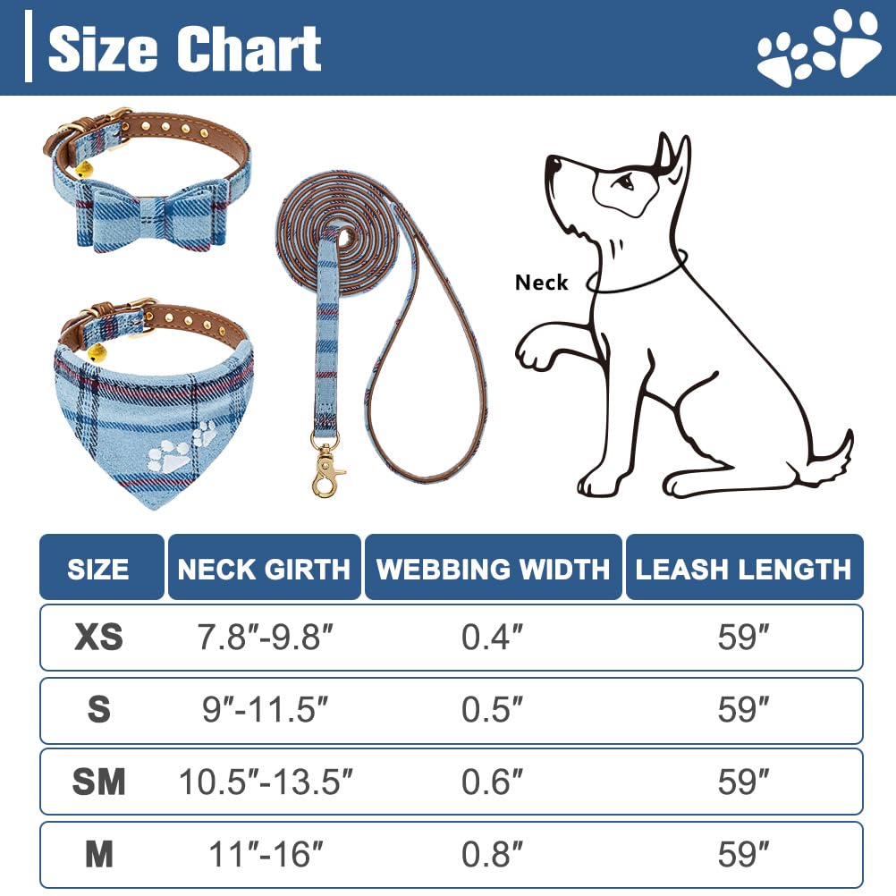 Expawlorer Dog Leash Collar Set - 3 Pack Embroidery Pawprints Plaid Adjustable Dog Collars And Leash Tangle Free, Bow Tie And Bandana Collar With Bell For Cats Outdoor Walking