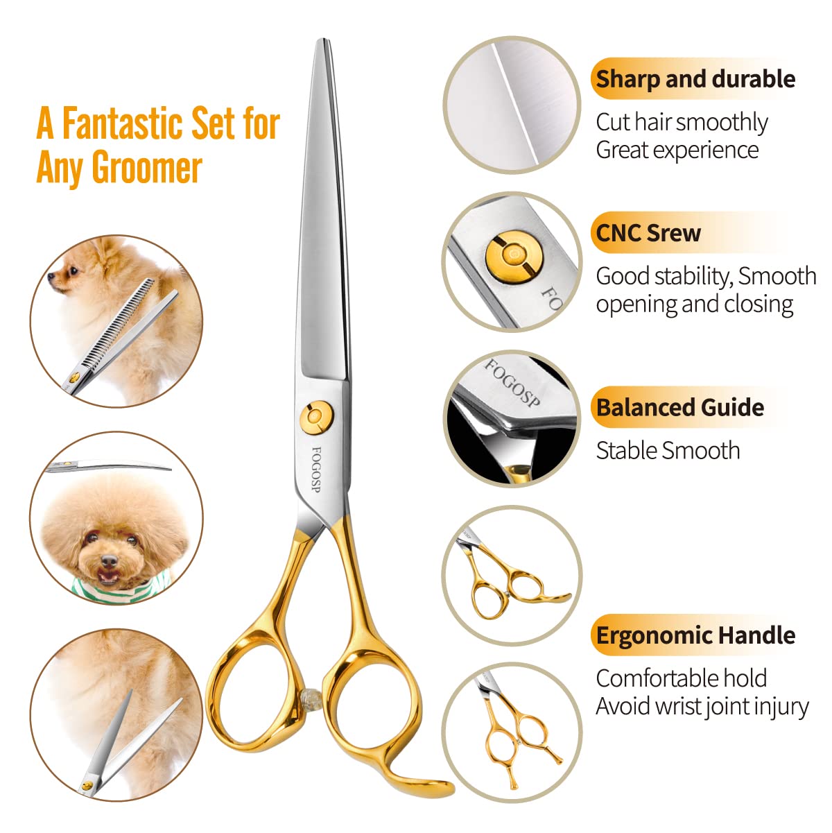 Fogosp Dog Grooming Scissors Kit 4Pcs 7 Inch Professional Dog Grooming Shears Set Curved Thinning Straight Chunkers For Dogs Cat