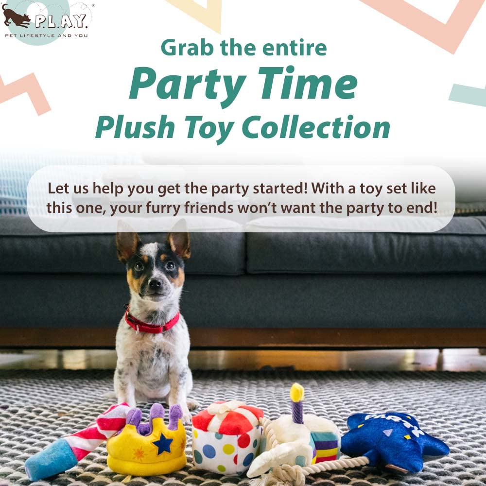 P.L.A.Y. Cute Plush Dog Toys - Birthday Party Celebration Themed Durable Squeaker Chew Toy, Great For Puppies & Small, Medium, L