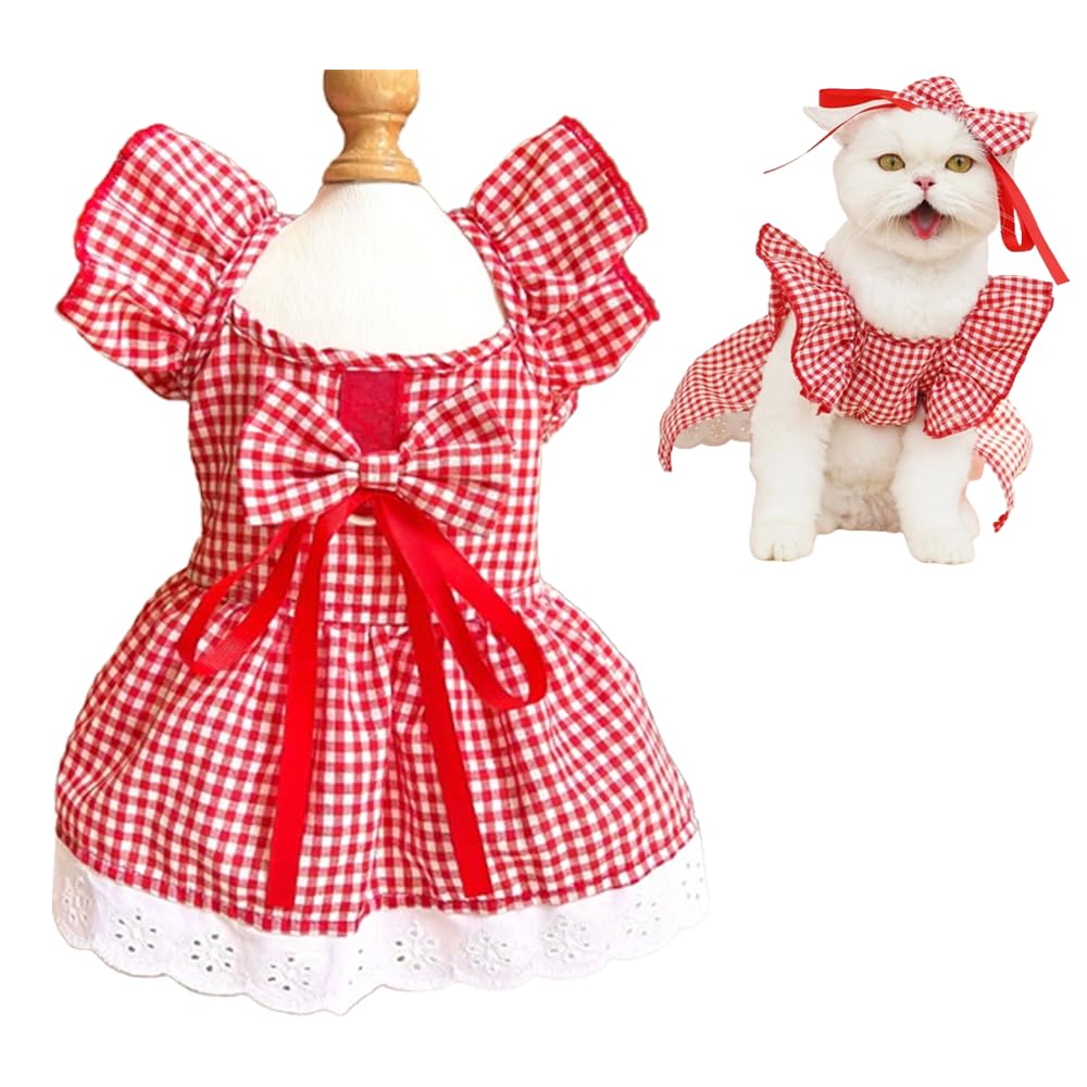 Aniac Plaid Dog Dress With Leash Ring Girl Dog Clothes For Small Dog Bow Decor Red Cat Dress For Cat Only Holiday Puppy Clothes 