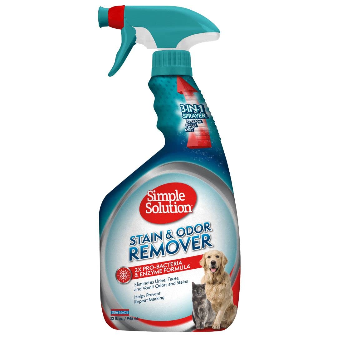 Simple Solution Stain And Odor Eliminator Spray For Dogs & Cats, Enzyme Cleaner With 2X Pro-Bacteria Cleaning Power, Strong Smell Remover For Carpets, Upholstery & Floors, 32 Oz