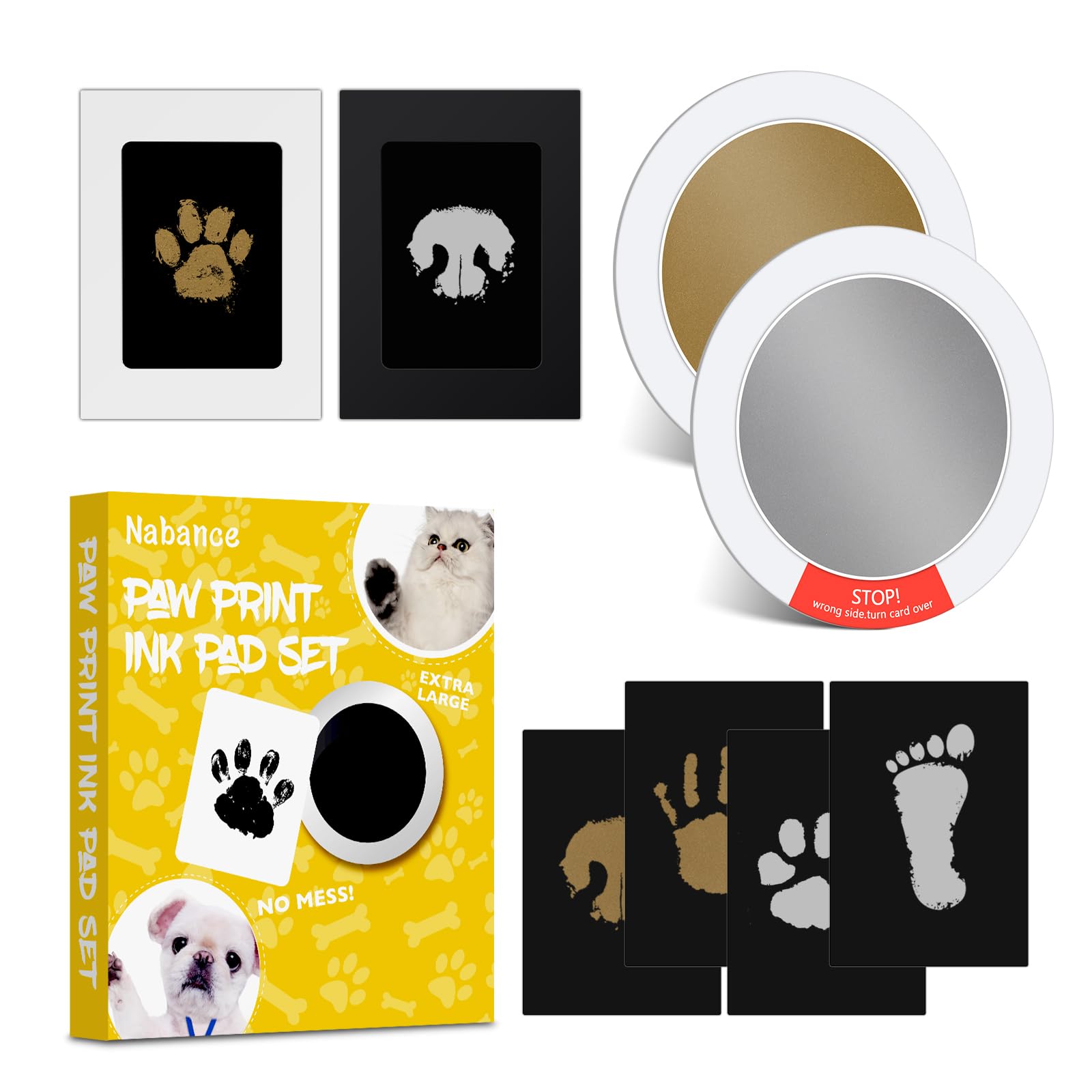 Nabance Paw Print Kit, Dog Nose Print Kit, Mess-Free Gold & Silver Paw Print Ink Pads, 8Pcs Pet Paw Print Impression Kit with Ph