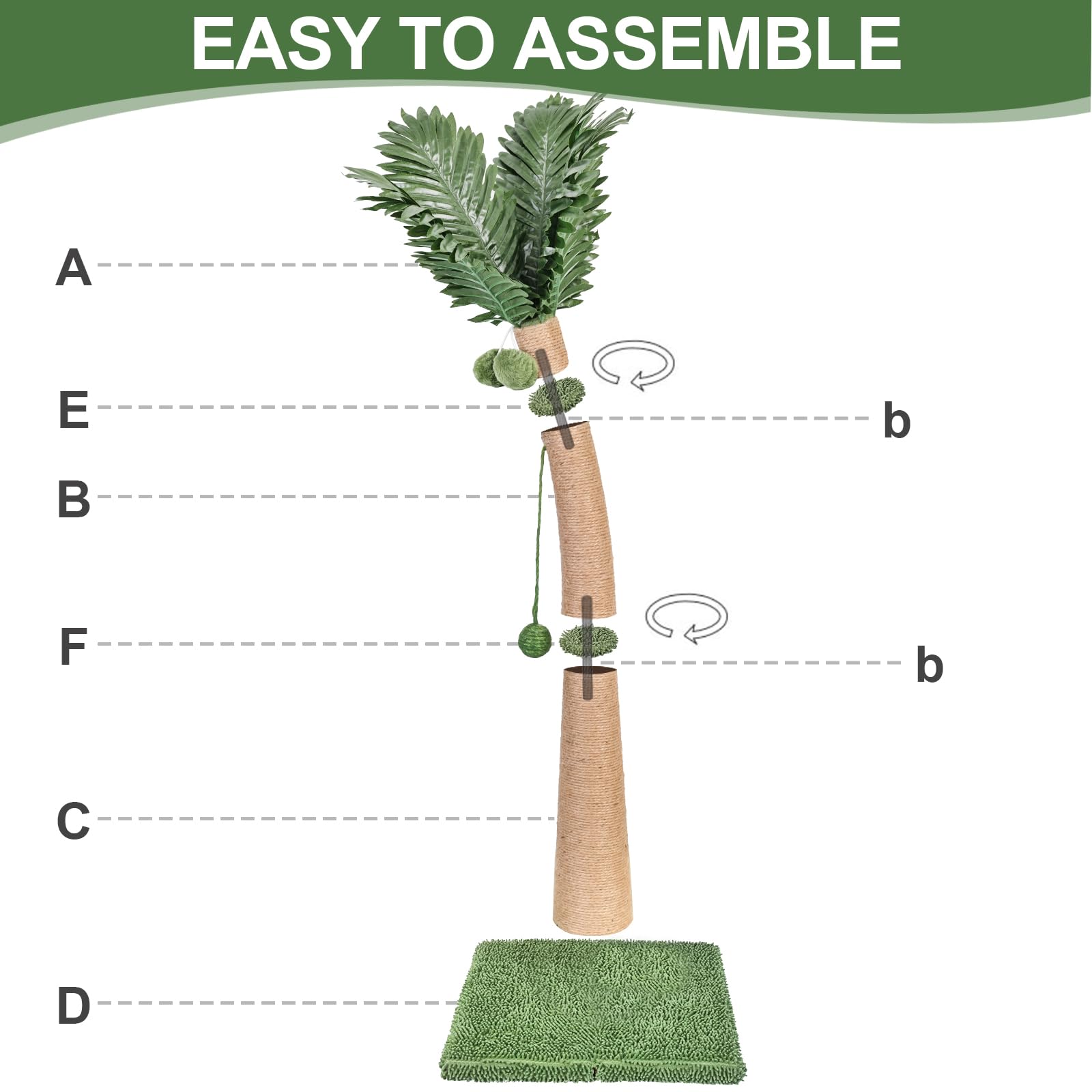 Furlogy 40'' Tall Cat Scratching Post, Curved Design Cat Scratcher Post With 3 Interactive Balls, Natural Sisal Rope Cat Scratch