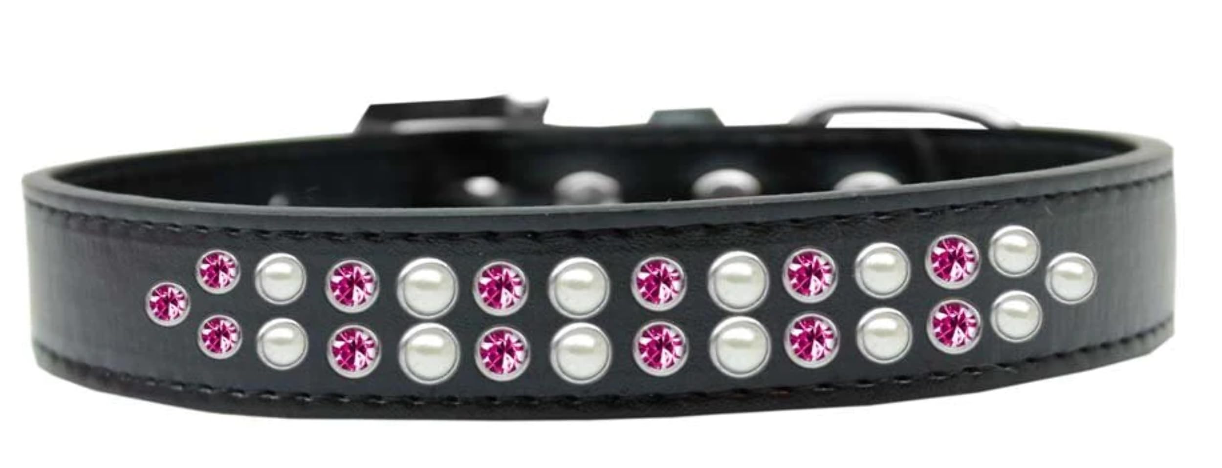 Dog, Puppy & Pet Fashion Collar, Two Row Pearl and Pink Crystal Rimsets Bright Pink 14