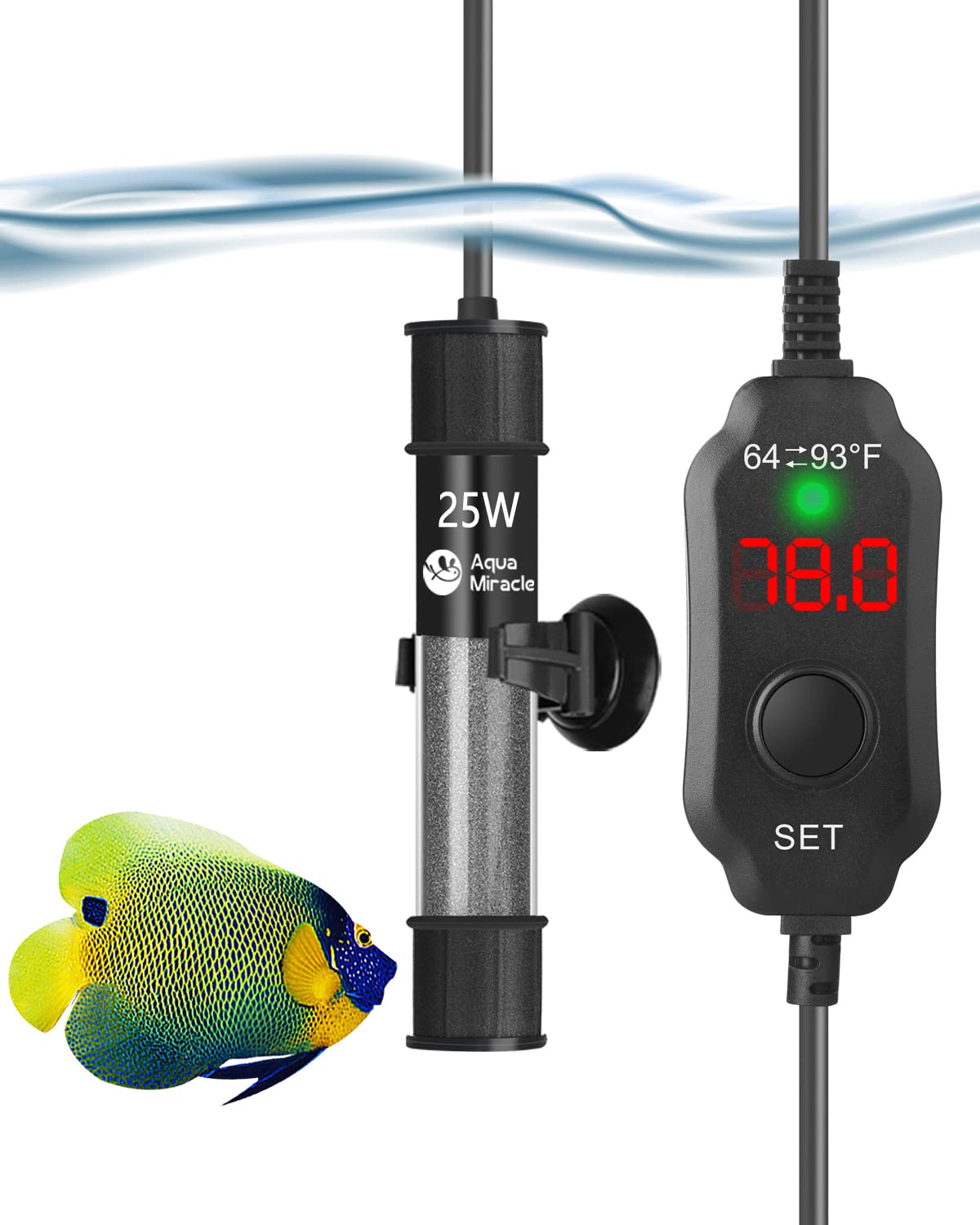 Aquamiracle Adjustable 25W Aquarium Heater Submersible Fish Tank Heater Super Short Aquarium Heater With Led Digital Display Thermostat, For Tanks 3-5 Gallons