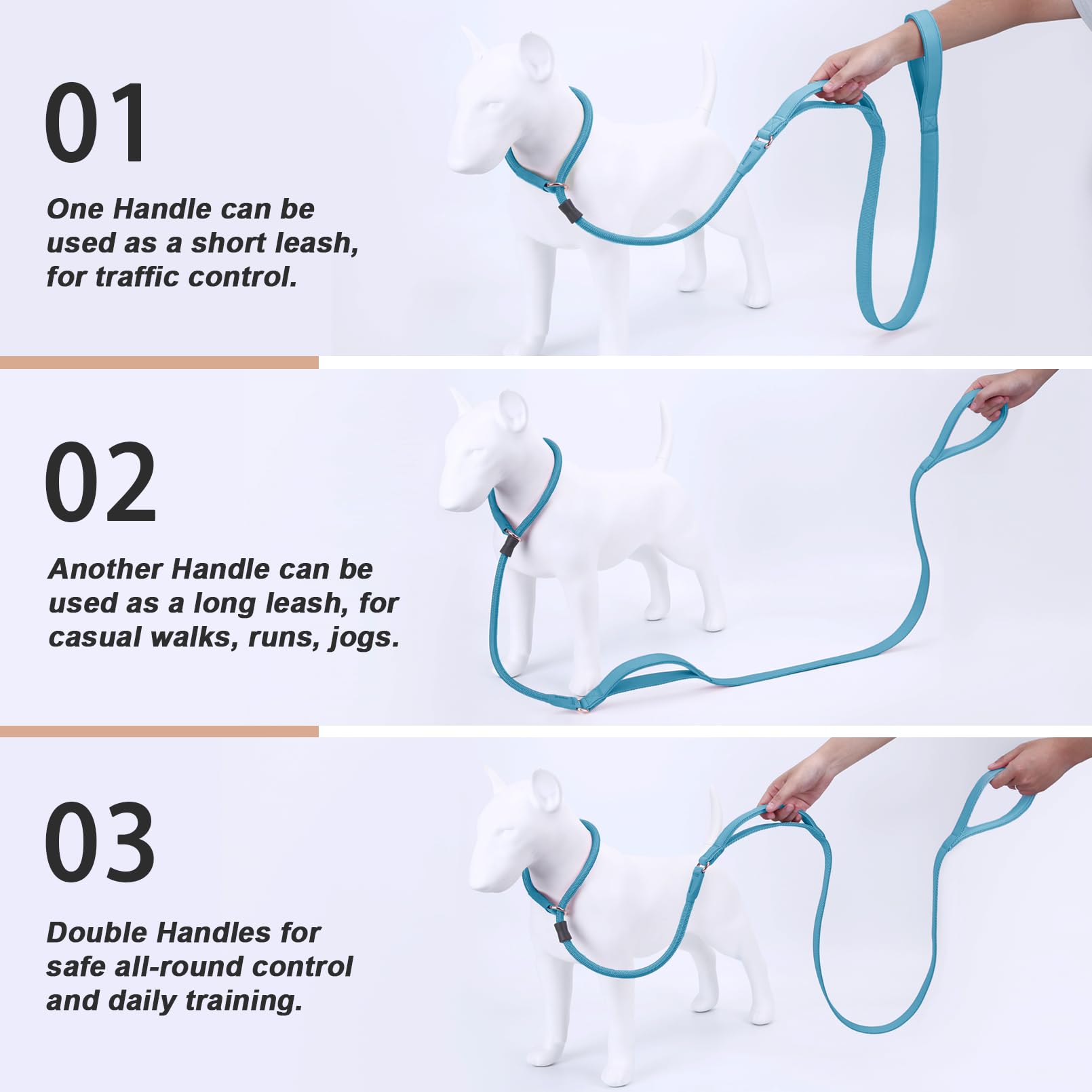 Aaufilux Slip Lead Dog Leash, Double Handle, Soft Leather, Heavy Duty Nylon, No Pull Walking, 5Ft Light Blue