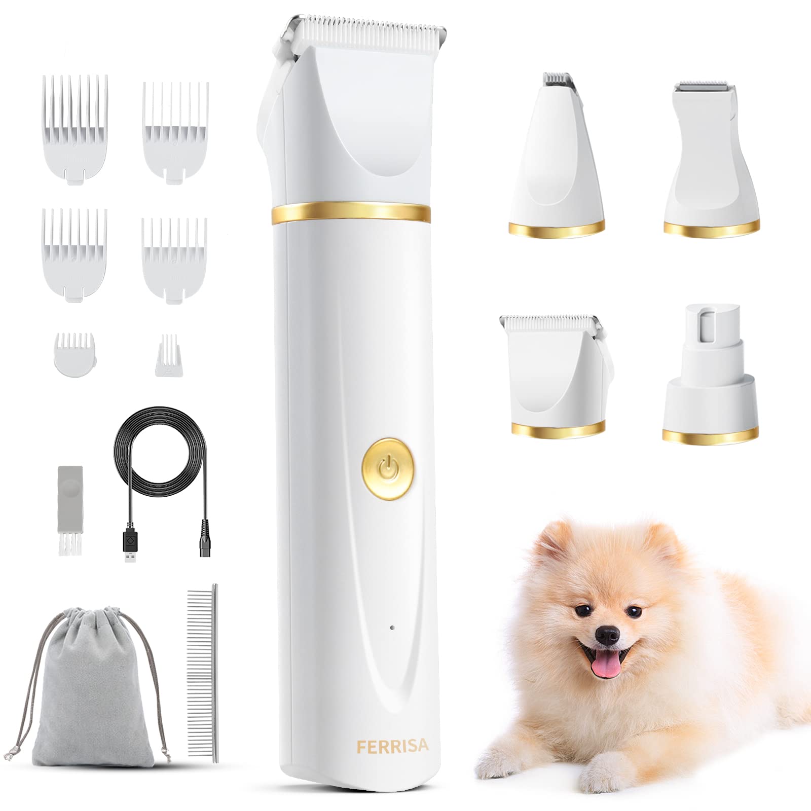 Dog Clippers For Grooming, Ferrisa Professional Cordless Dog Trimmers Grooming Kit Supplies With 3 Blade Heads, Low Noise Dog Gr