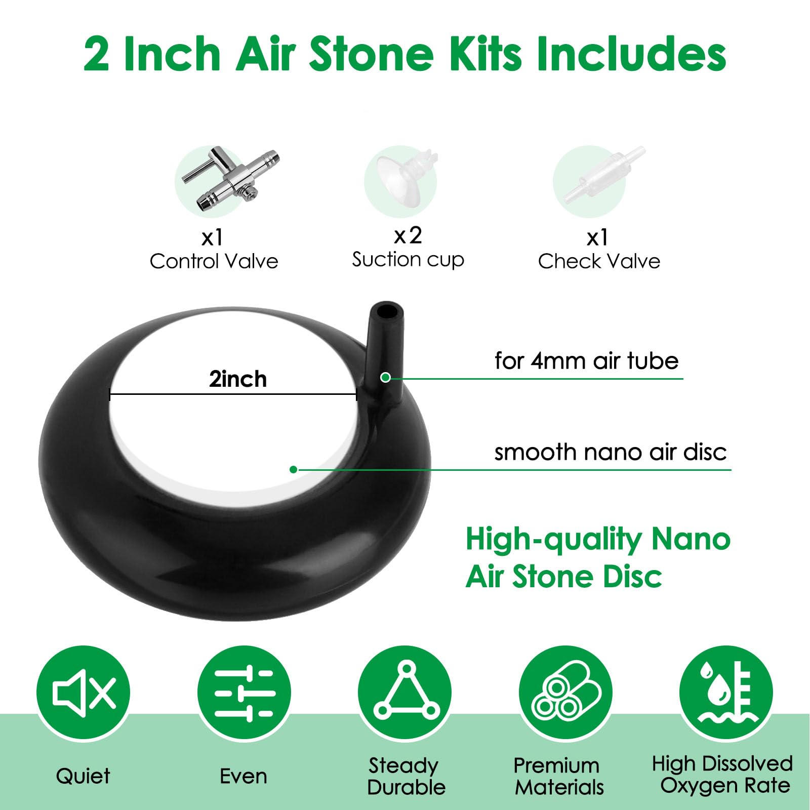 Hygger Aquarium Air Stone, Fish Tank Bubbler, Nano Furnace Flue Round Stone Disk, Small Bubbles And High Dissolved Oxygen, With 2 Suction Cups, 1 Adjust Valve, 1 Check Valve (2 Inch)