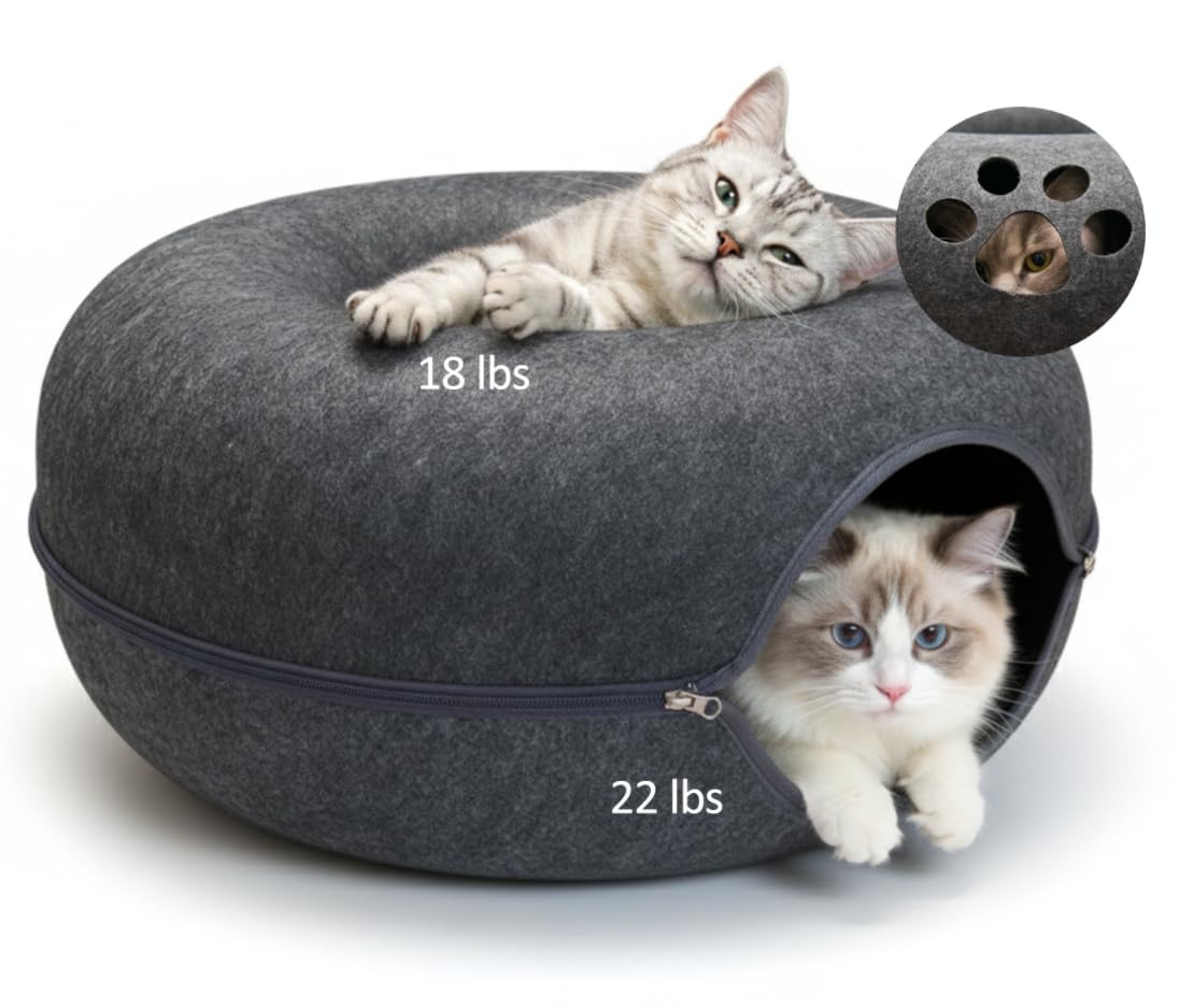 Peekaboo Cat Tunnel with Cute Paw Window, Large Indoor Donut Cat Cave for Play & Nap, Random Zipper Color (White/Charcoal Gray),