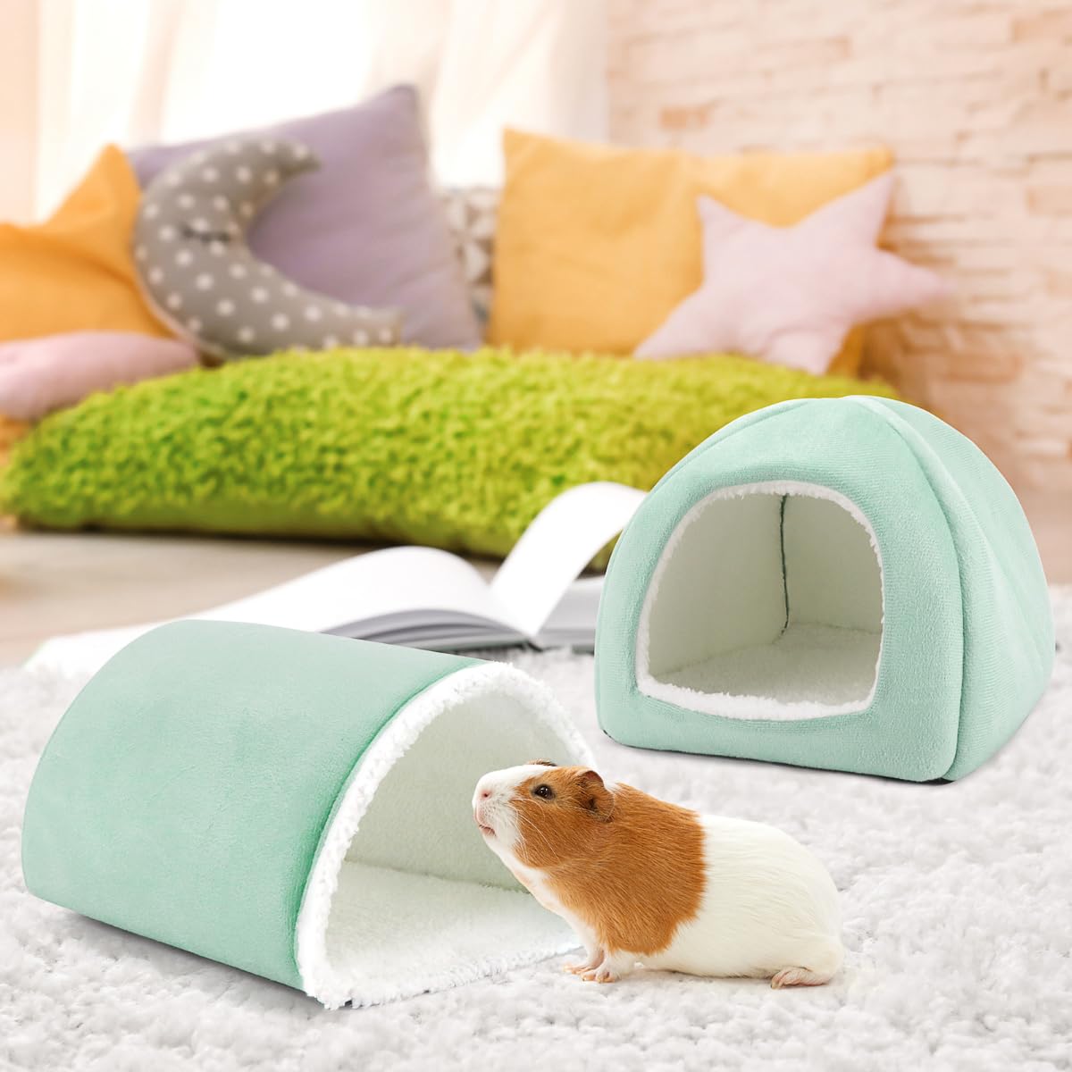 Tierecare Guinea Pig Hideout And Tunnel Set, Soft Plush Bed & Play Tunnel For Guinea Pigs, Rabbits, Ferrets, Small Animals - Was