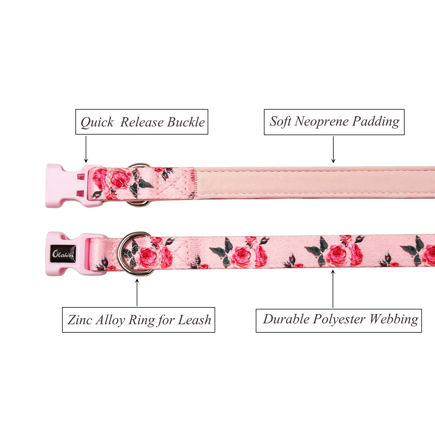 Olahibi Pink Rose Pattern Dog Collar, Polyester Material, With Soft And Comfortable Neoprene Padding,For Medium Dogs(M,Pink Rose