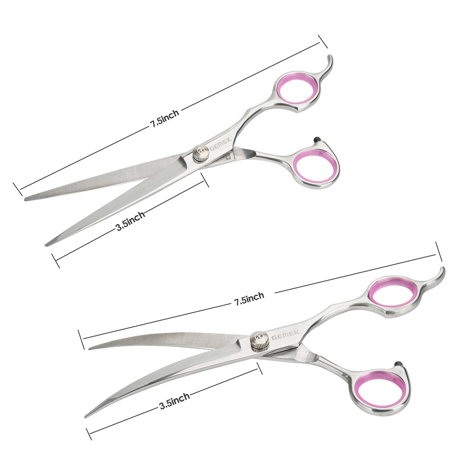 Gemek Pet Cat Dog Grooming Scissors Set 4 Pieces Stainless Steel Professional Pet Trimmer Kit - 7.5 Inch Straight Cutting Scissors, Thinning Shears, Curved Scissors, Grooming Combs