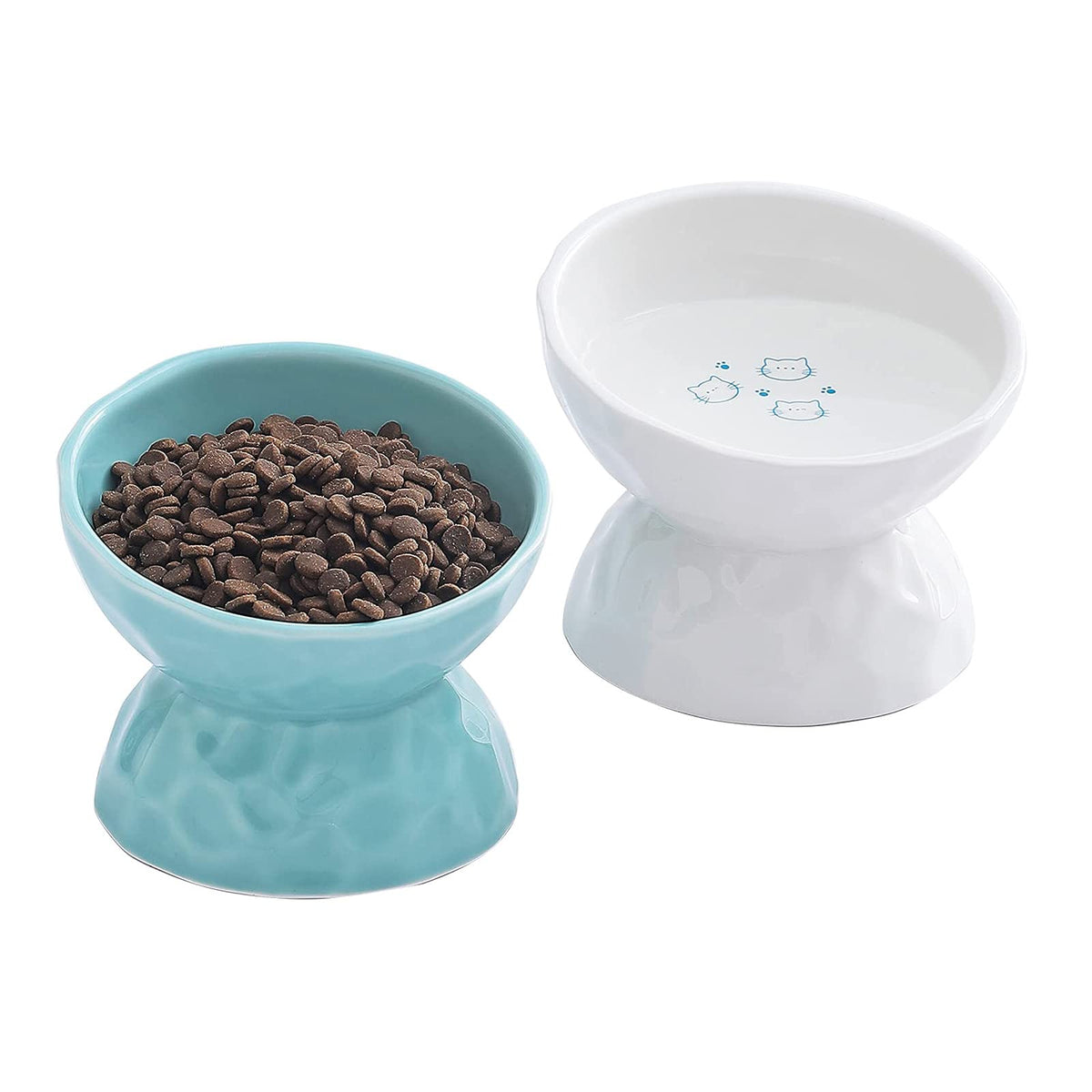 Omaykey Ceramic Raised Cat Bowls, Tilted Elevated Cat Food And Water Bowl Set, Porcelain Stress Free Pet Feeder Dish For Cats And Small Dogs, Dishwasher And Microwave Safe, White & Green, Set Of 2