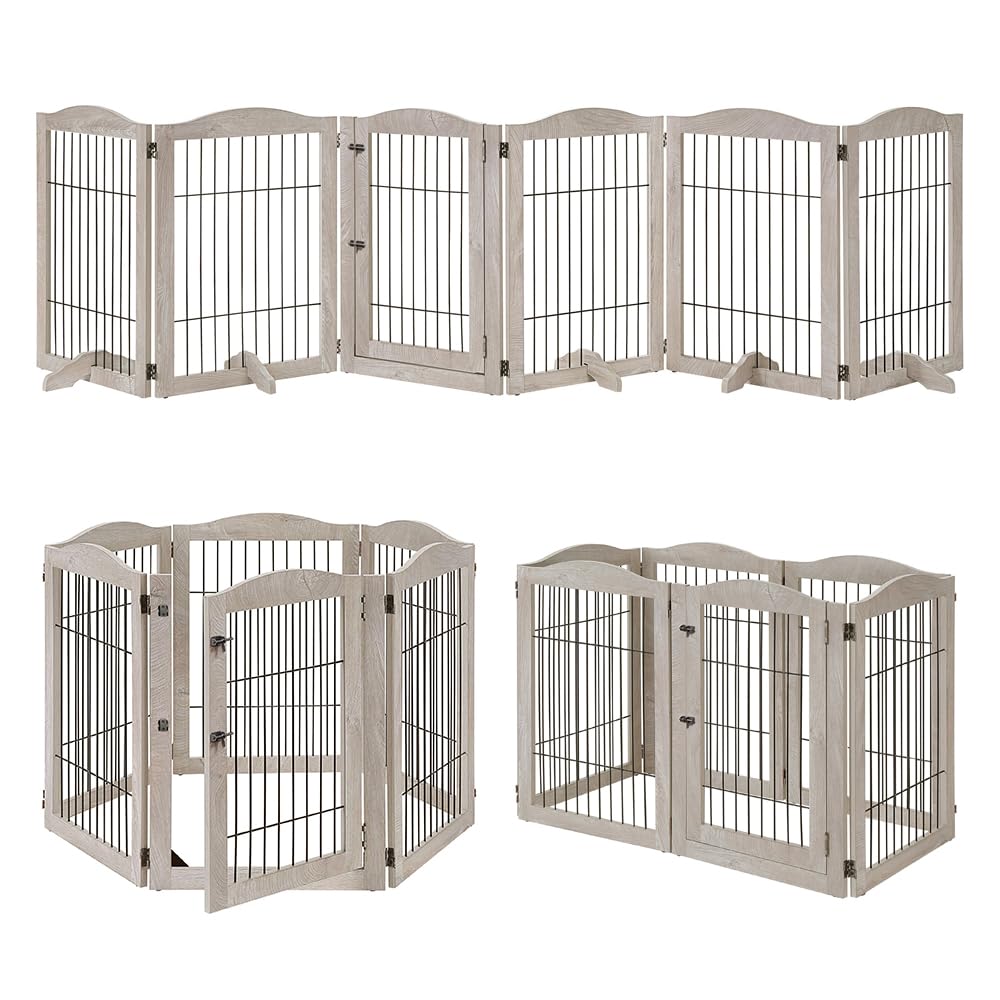 Unipaws 132?Extra Wide Dog Gate And Pet Playpen, Free Standing Tall Dog Fence With Walk Through Door, Dog Barriers For Home, Use As Indoor Dogs Cats Pen, Rabbit Pen, Baby Gate, Weathered Grey