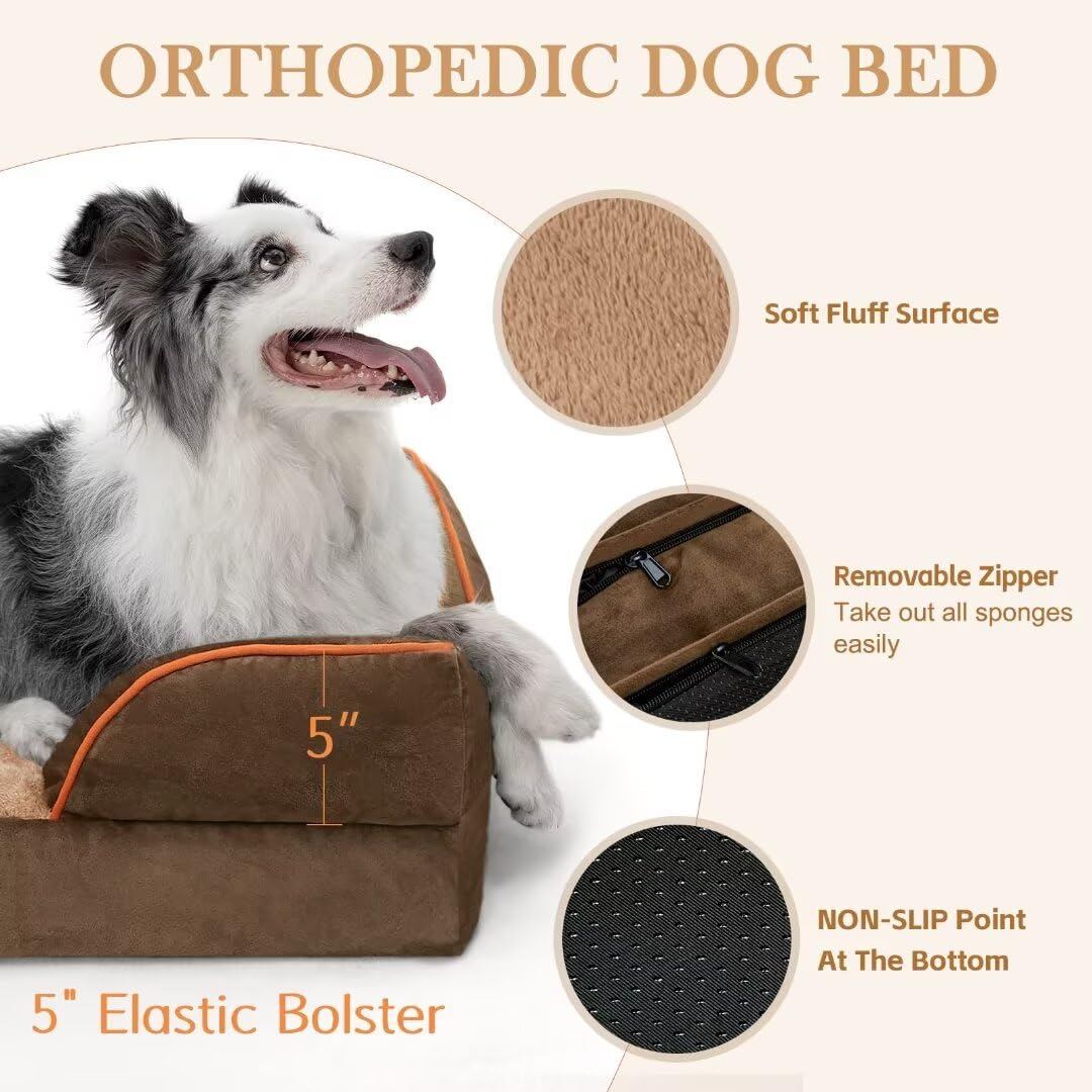 Comfort Expression Cooling Dog Bed For Extra Large Dogs, Orthopedic Memory Foam Dog Bed, Xl Dog Bed With Removable Cover, Waterproof Pet Bed Large With Bolster(X-Large,Khaki Brown)