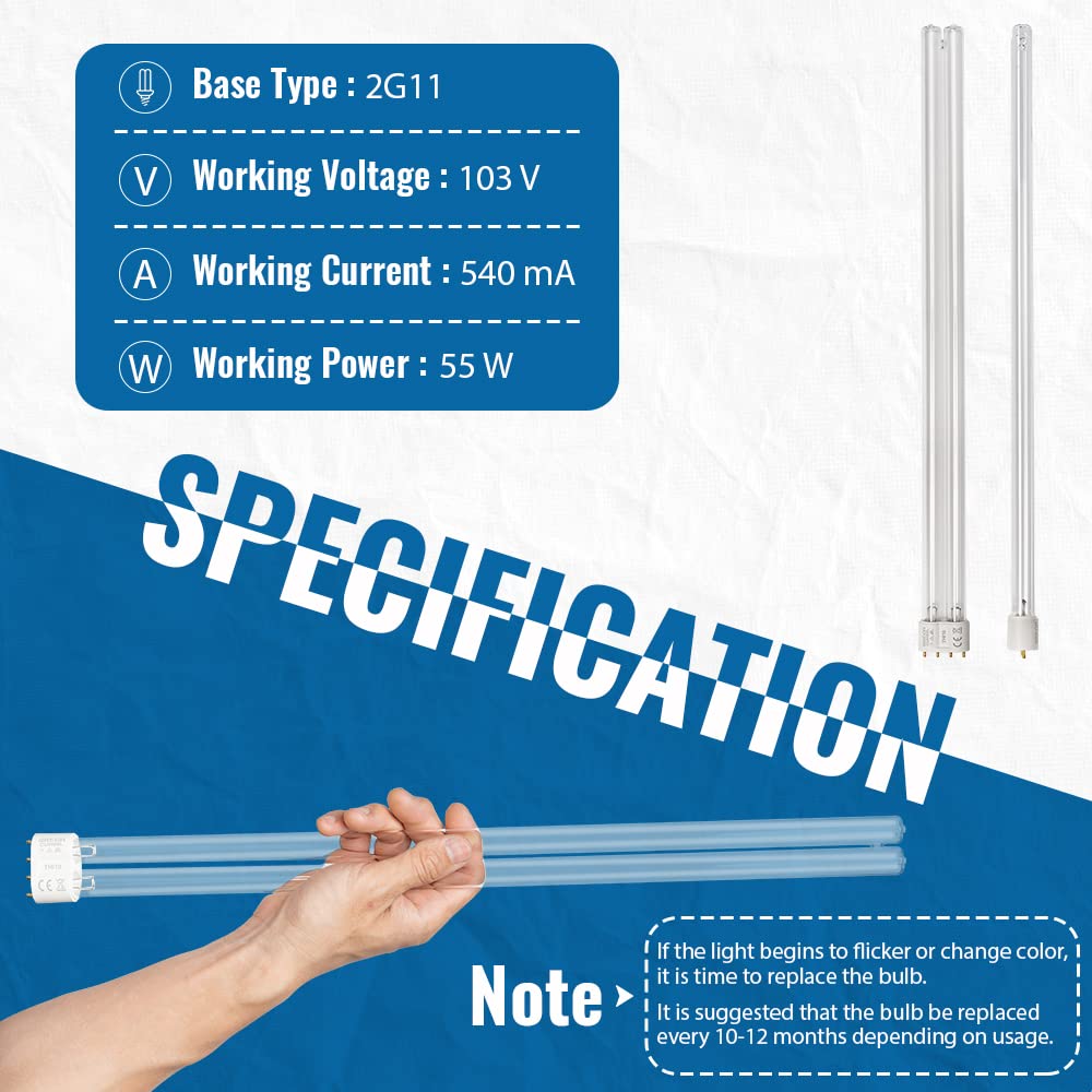 OXYFUL 55W UV Ultraviolet 4 Pin Base Replacement Light Clarifier Lamp Filter for Aquarium Koi Pond Fish Tank Compatible to CUV-6