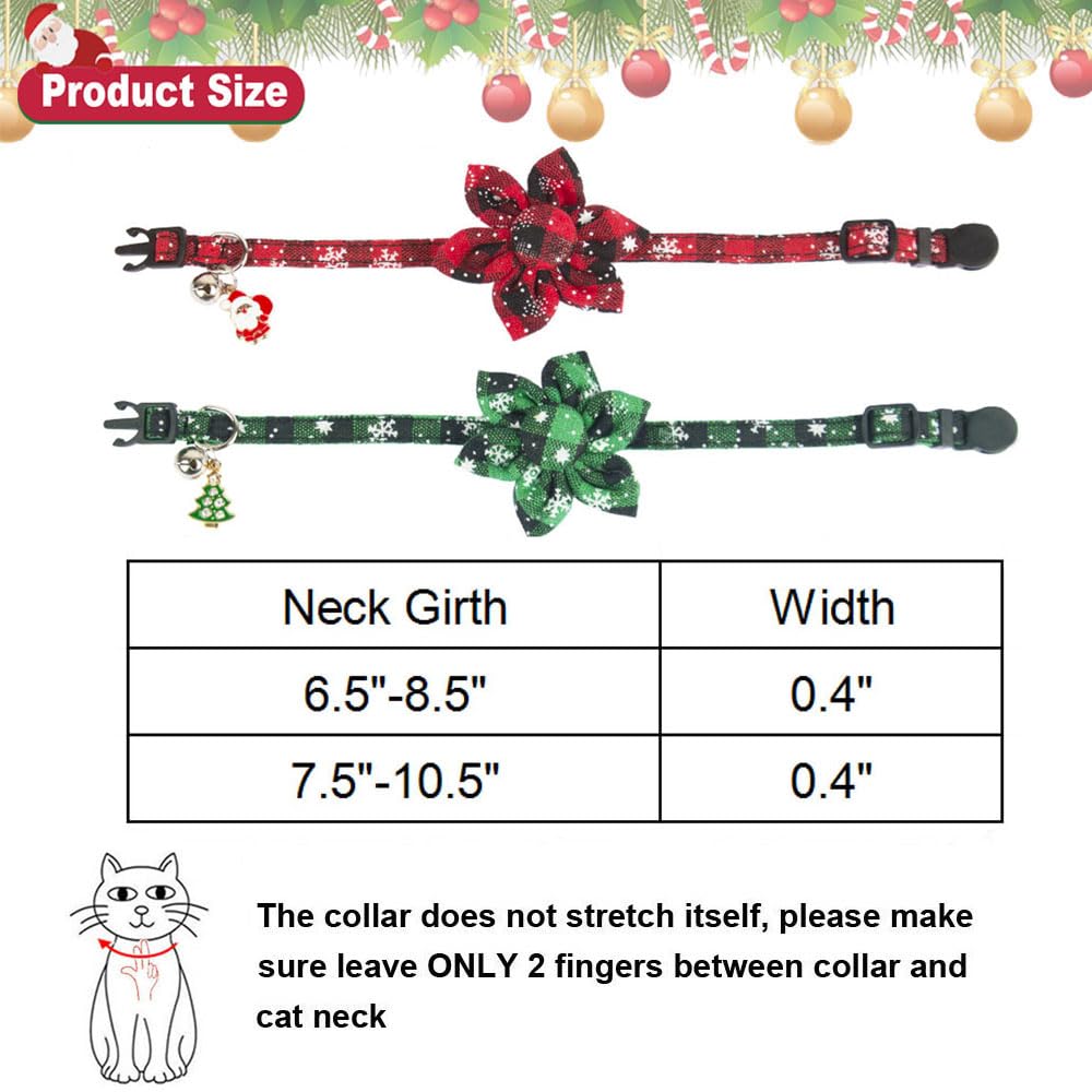 Adoggygo Christmas Cat Collar Breakaway With Flower Bell - 2 Pack Cat Christmas Collar Red Green Plaid Xmas Kitten Collar With Removable Floral Cat Flower Collar For Cats Kittens (6.5'- 8.5', Floral)