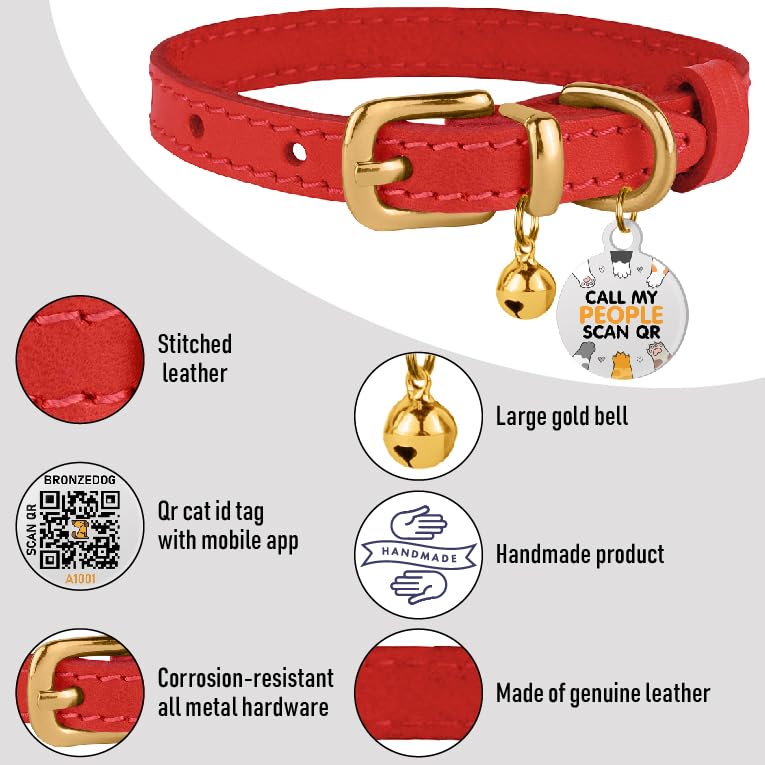 Bronzedog Leather Cat Collar With Bell Non Breakaway Kitten Qr Tag For Girl Boy (9' - 11' Cats/Mini Dogs, Red & Gold)