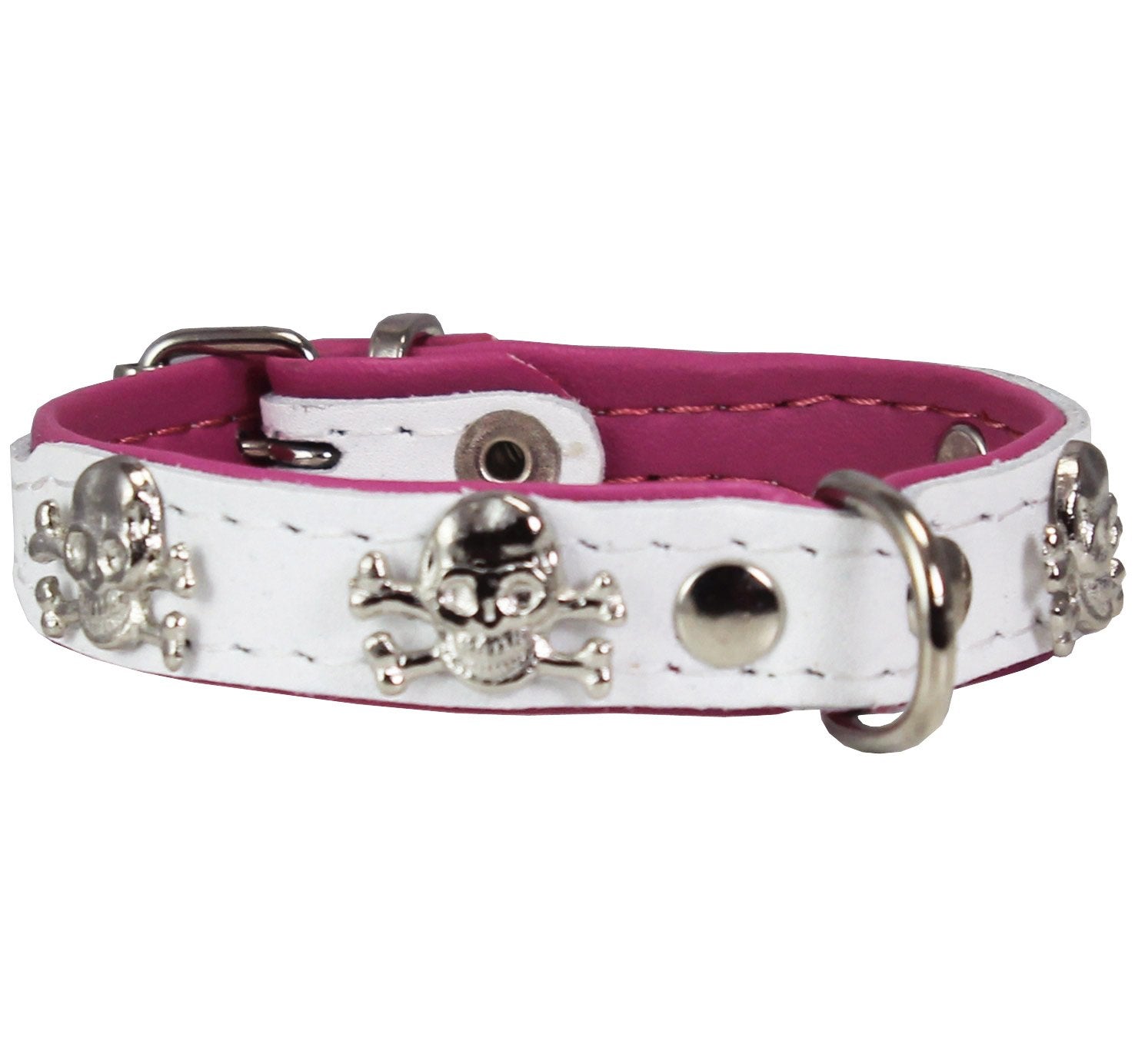 Real Leather Skull Studded Padded Dog Collar (6'-7.5' Neck; 1/2' Wide, White/Pink)