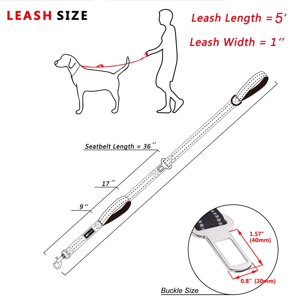 Poypet 5 Feet Reflective Dog Leash Tether + Car Seat Belt+ Dual Padded Grip Handles (Red)