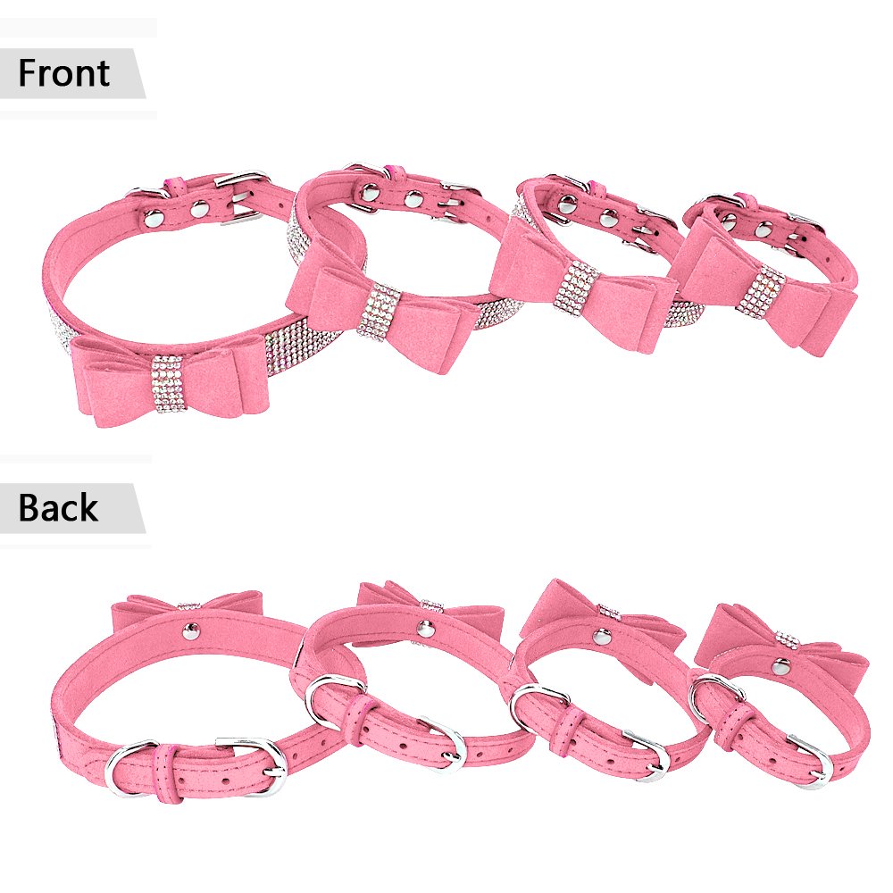 Beirui Rhinestone Bling Leather Dog & Cat Collar - Flocking Sparkly Crystal Diamonds Studded - Cute Double Bowknot For Pet Show & Daily Walking,Pink,Medium Neck Fit 12.5-15'