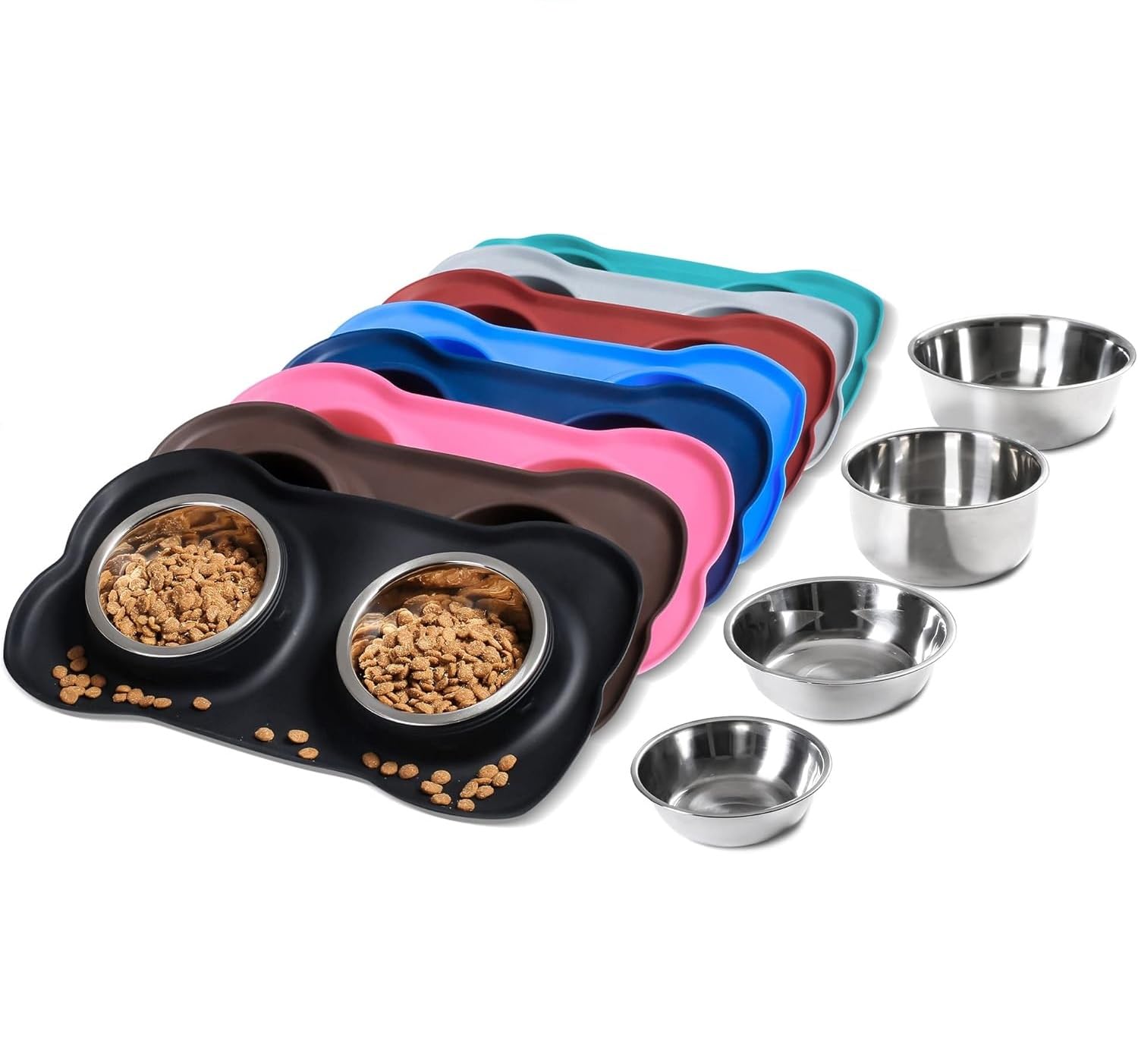 Galv Double Dog Bowls With Silicone Mat Stainless Steel Water Food Feeder Cat Pet Feeding Drinking Bowls Kitten Puppy Accessorie