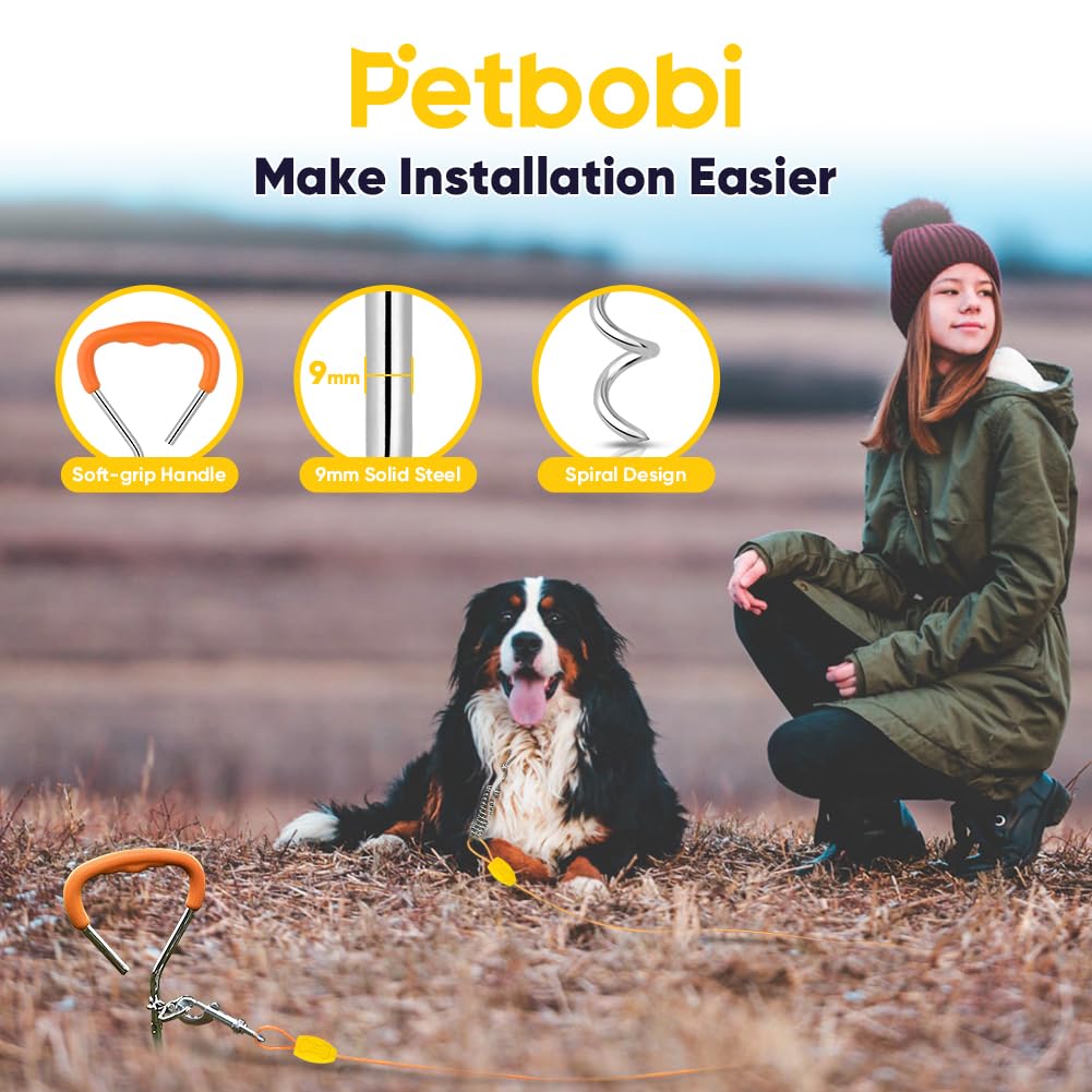 Petbobi Dog Tie-Out Cable And Stake - 50Ft Heavy Duty Cable With Spring, No Tangle, 16In Ground Stake, Ideal For Yard, Camping A