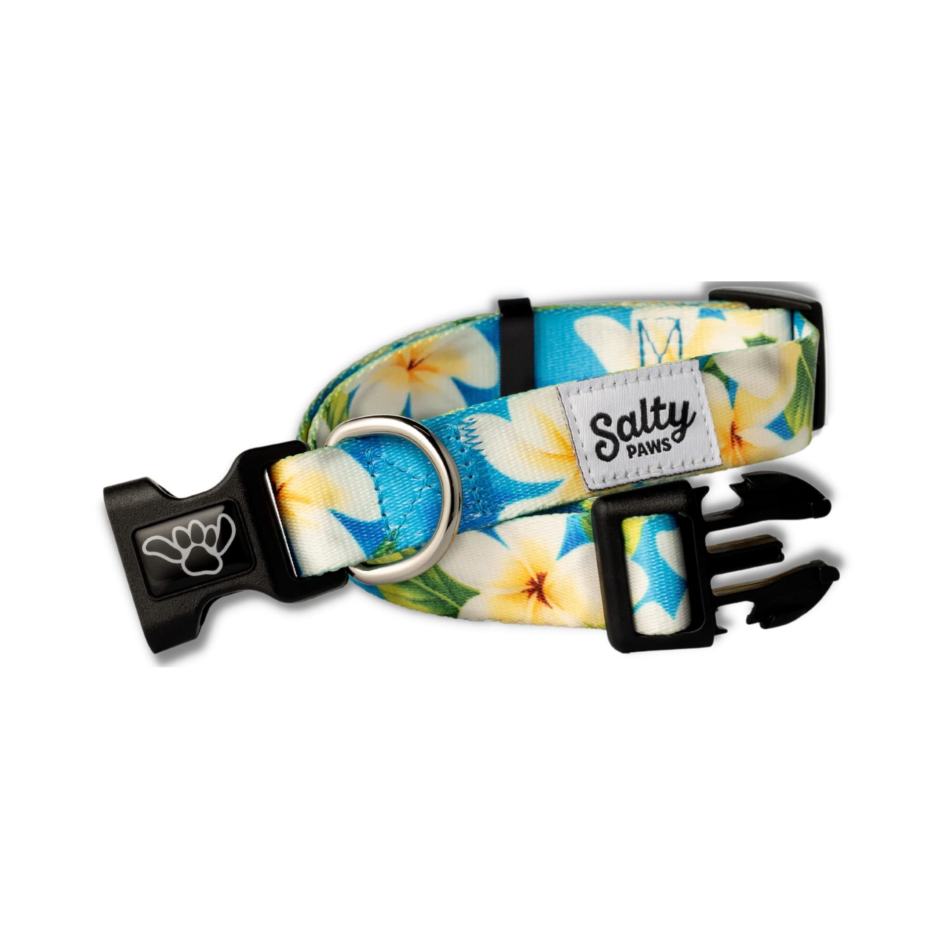 Salty Paws Tropical Blue Dog Collar For Beach, Floral Plumeria (Medium Collar Adj. 14-20 For Dogs 25-50 Lbs, Hawaiian Print Do