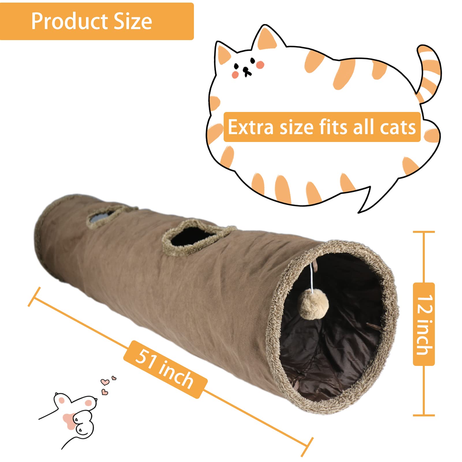 Terunat Cat Tunnel For Indoor Cats, 51×12 Inch Foldable Big Cat Tunnel, Brown Suede Pet Tunnels With Two Peepholes And A Bubble Ball