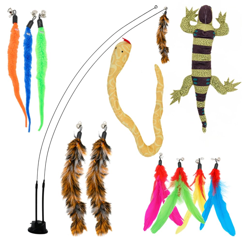 Cat Toys For Indoor Cats Interactive Feather Teaser Wand With Worms & Catnip Lizad Snake Chew Kittens Enrichment Toy For Bored C