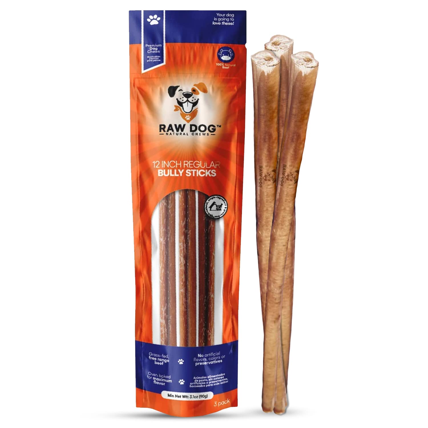 Raw Dog Bully Sticks All-Natural Dog Treats,12 in Regular Size, 3pk - Premium Odor Free Dog Chews, 100% Beef, Grass Fed, Non-GMO