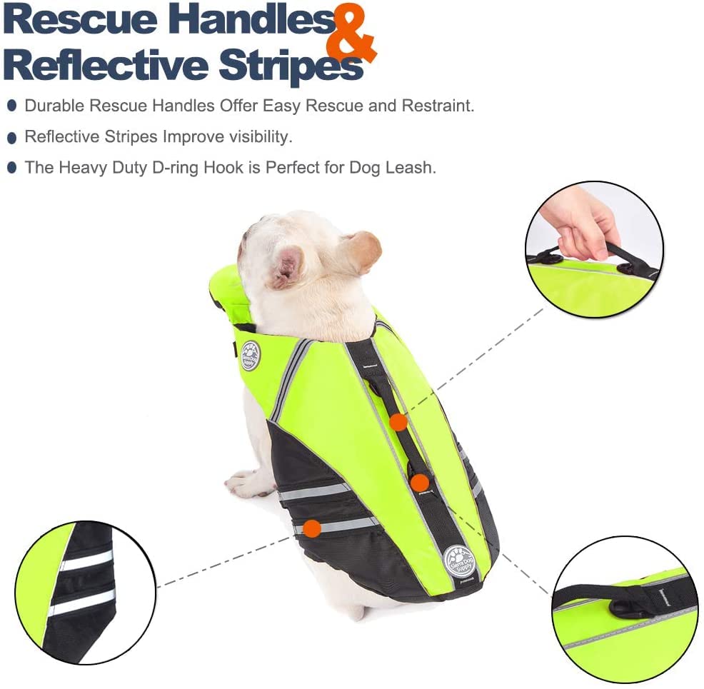 Petglad French Bulldog Life Jacket, Life Vest With Chin Float Rescue Handle For Corgi Pug, Adjustable High Visibility Flotation Swim Vest For Swimming Boating (Green)