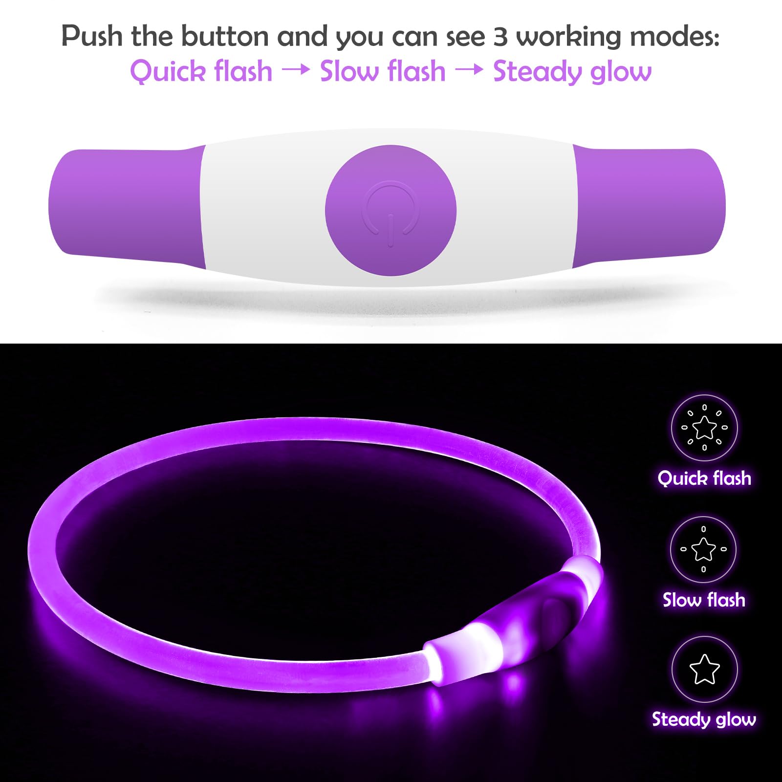 BSEEN Light Up Dog Collar - USB Rechargeable, Purple Safety Necklace for Small, Medium & Large Dogs