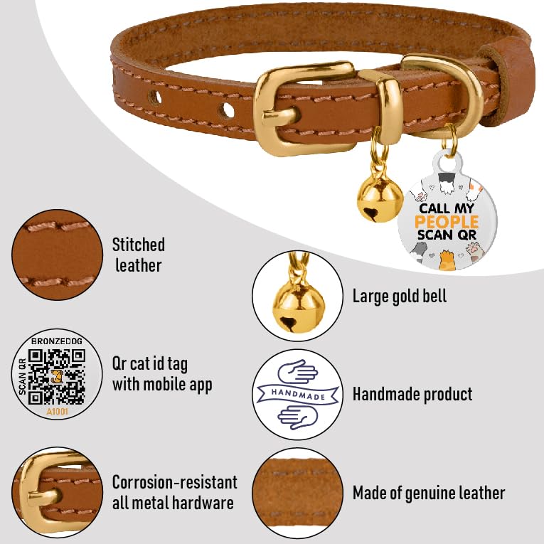 Bronzedog Leather Cat Collar With Bell Non Breakaway Kitten Qr Tag For Girl Boy (7' - 9' For Cats, Light Brown & Gold)