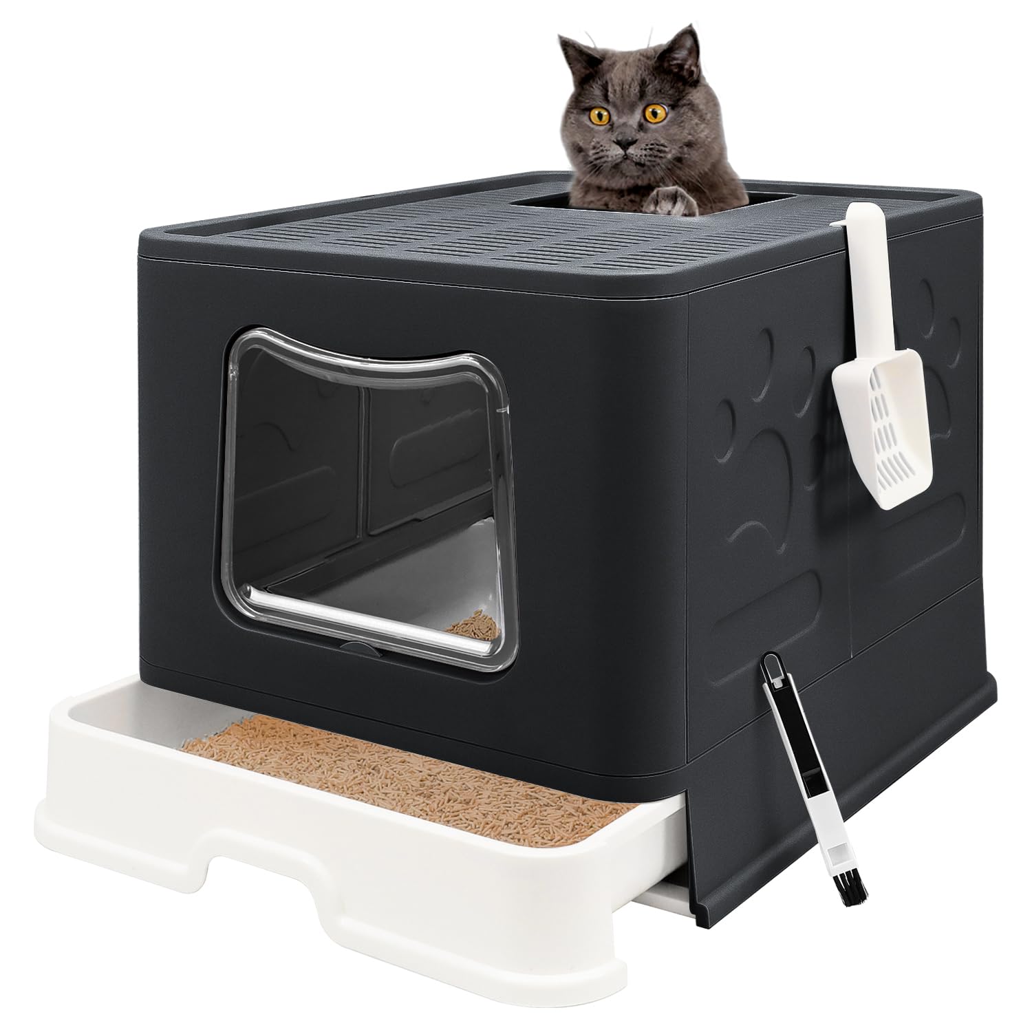 Foldable Cat Litter Box With Lid, Jumbo Enclosed Cat Potty, Top Entry Anti-Splashing Cat Toilet, Easy To Clean Including Cat Litter Scoop And 2-1 Cleaning Brush (Black) Extra Large