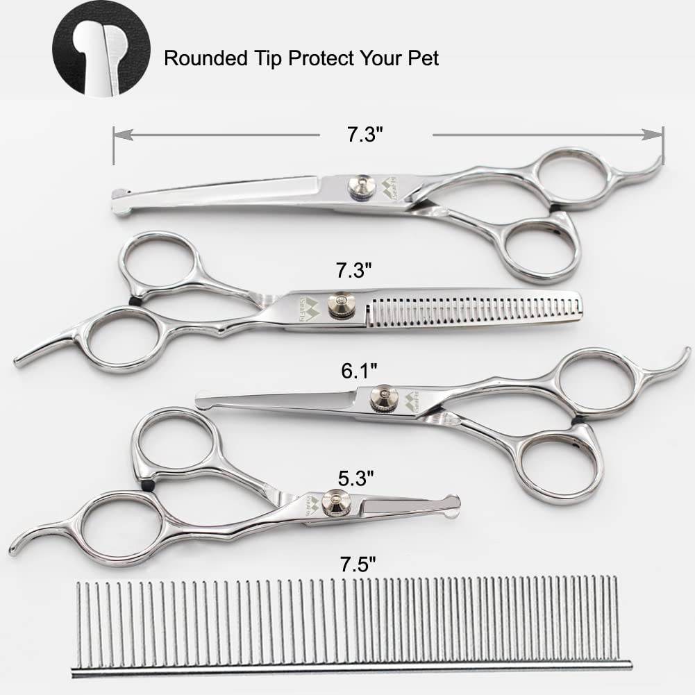 Dog Grooming Scissors Kit With Round Tip, Set Of 5 Cat Dog Scissors, Stainless Steel Pet Grooming Shears, Straight, Curved, Thin