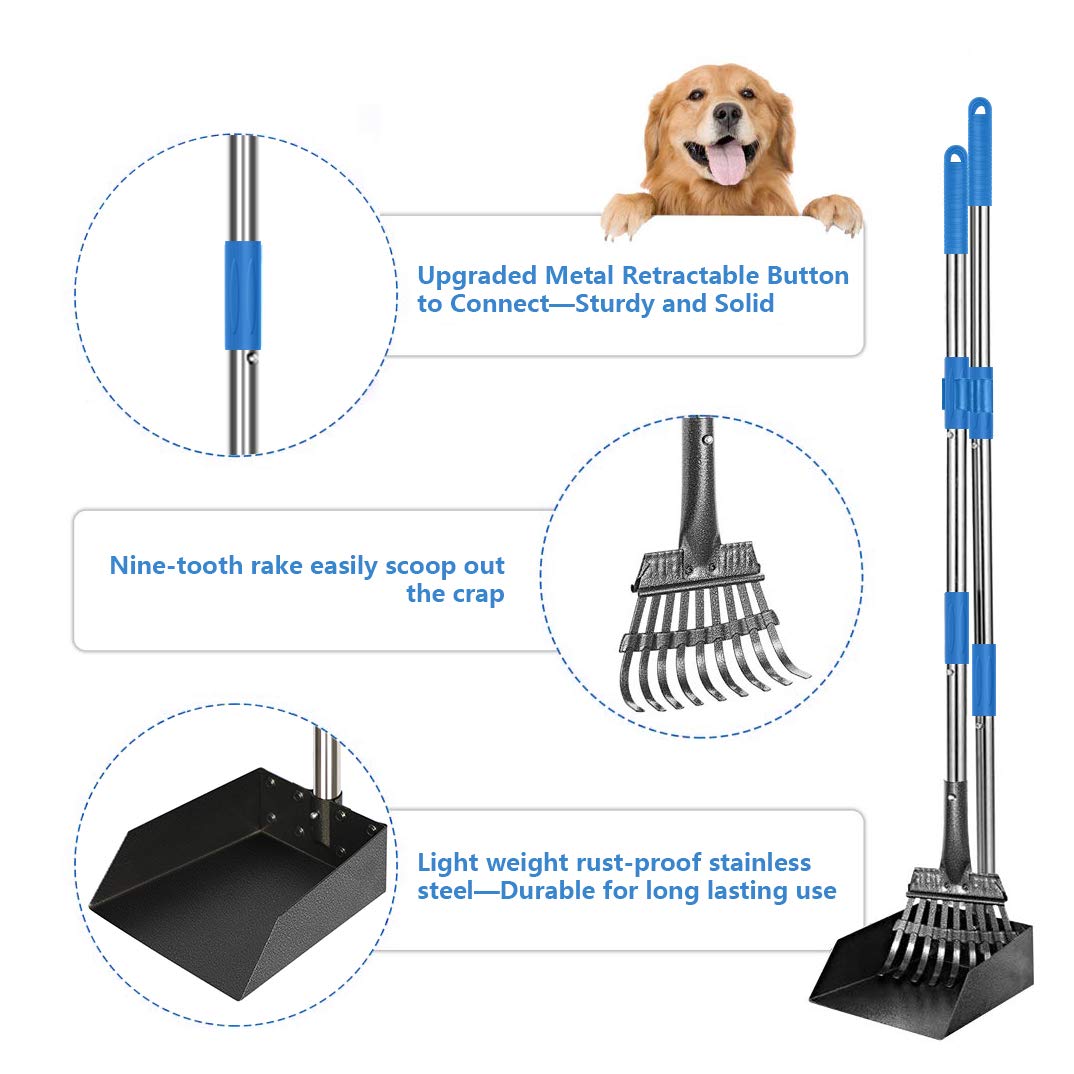 Qimh Upgraded Dog Pooper Scooper Extra Large, Adjustable Long Handle Stainless Metal Pet Poop Tray And Rake Set For Large Medium