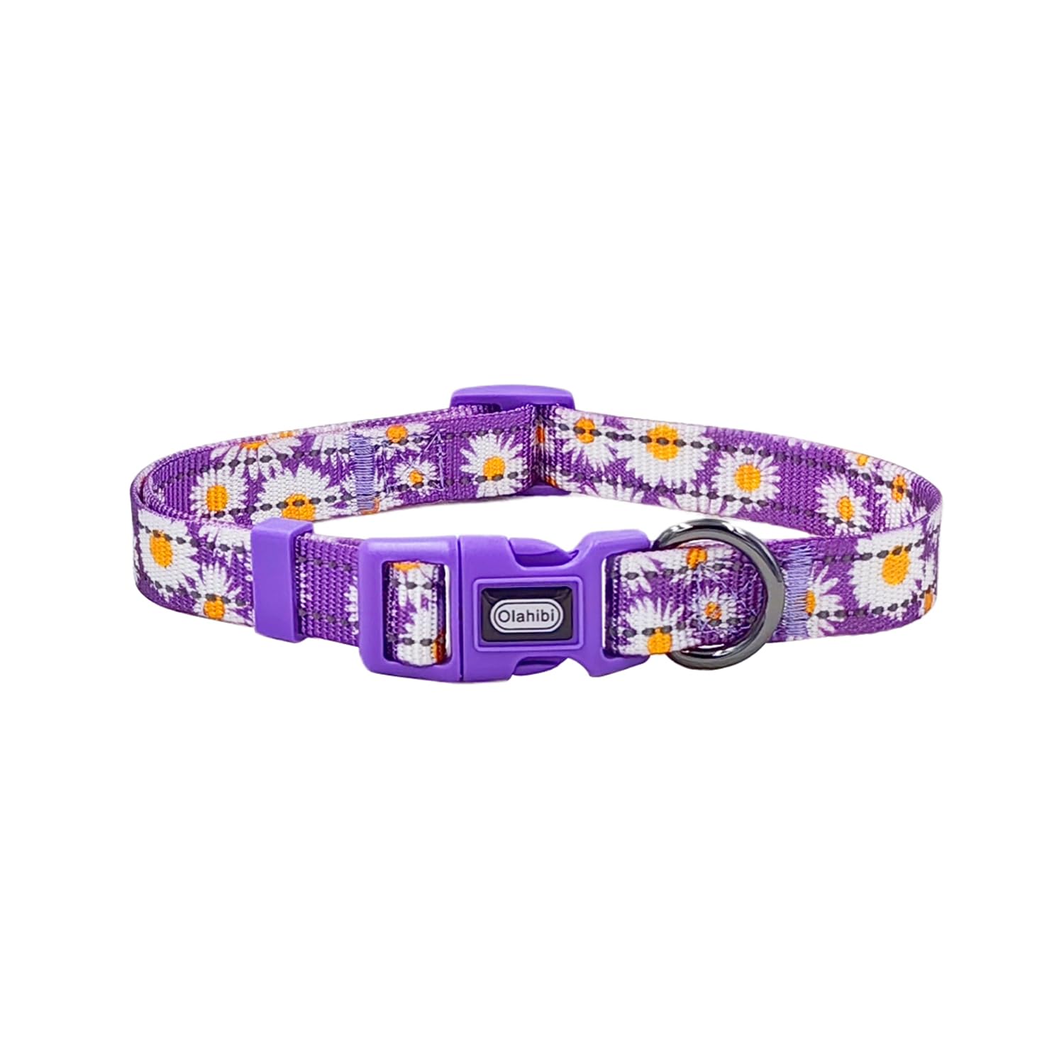 Olahibi Floral Pattern Dog Collar, Pretty Daisy Print, Durable Nylon With Reflective Stripes, Adjustable Length, For Small Dogs.