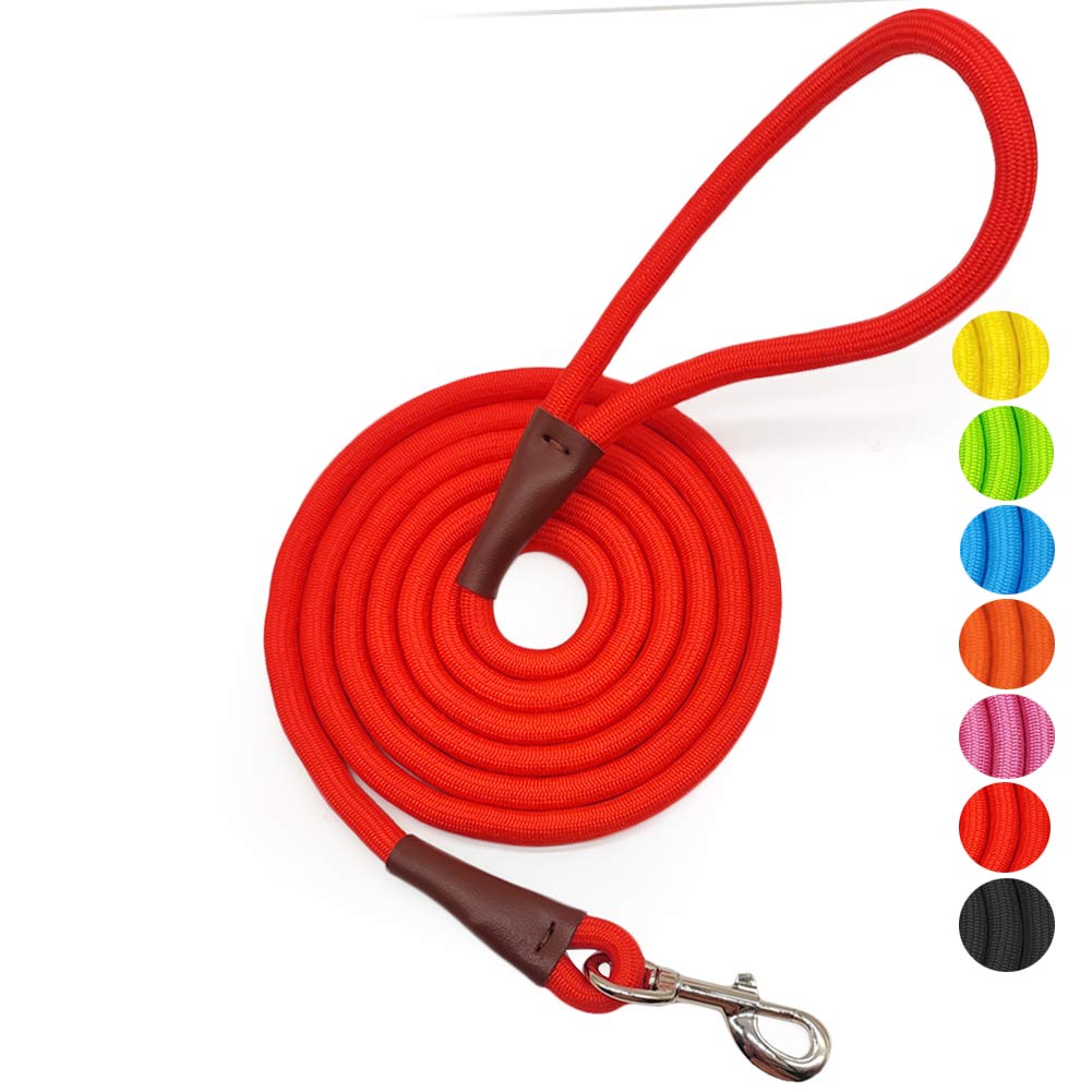 Maypaw 4Ft/6Ft/8Ft/10Ft Dog Leash, Classic Solid Colors, Durable Mountain Climbing Rope Dog Leash Reinforced With Leather Tailor Connection Heavy Duty Silver Clasp, Red Dog Leash