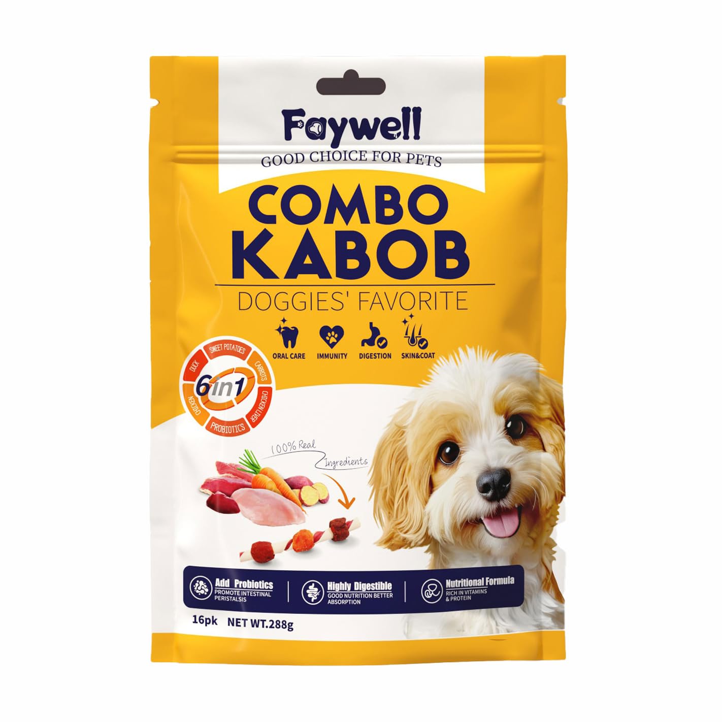 FAYWELL - Combo Kabob Dog Natural Treats, Rich in Protein & Vitamins & Probiotics, Supports Oral Health, Digestible (16pk/288g)