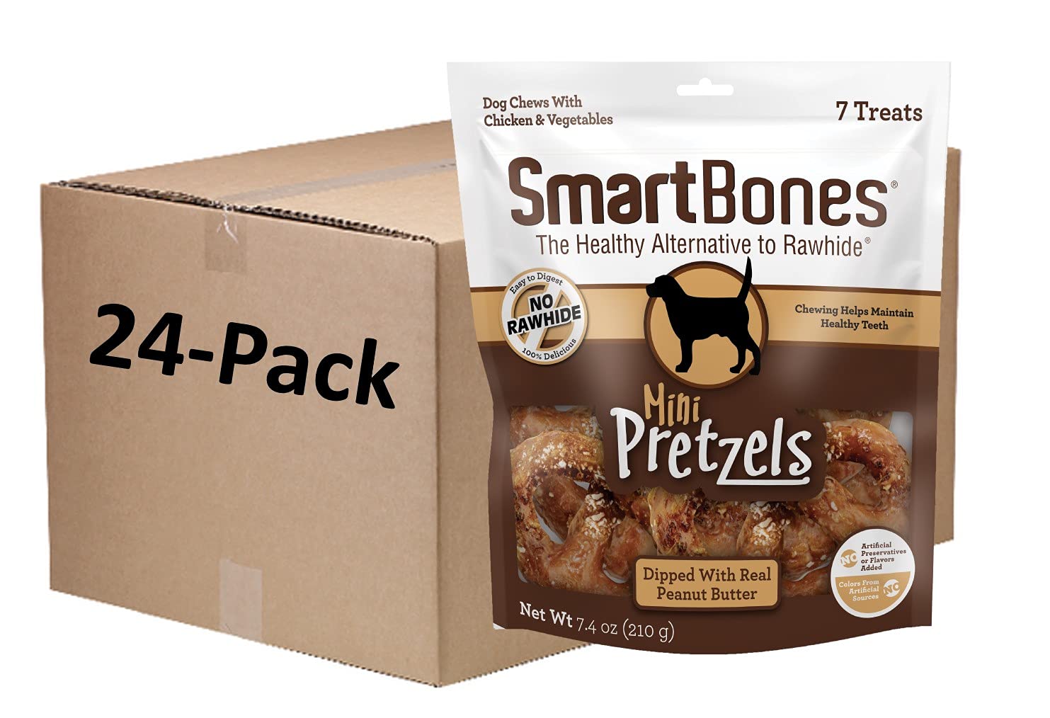 SmartBones Mini Pretzels Dipped With Real Peanut Butter, 7 Count, Rawhide-Free Chews For Dogs, (Pack of 24), Count: 168