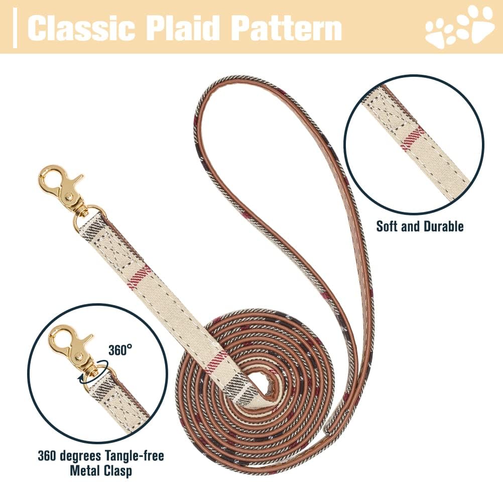 Expawlorer Dog Collar And Leash Set - Embroidered Pawprints Plaid With Bow Tie And Bandana, Adorable For Dogs Cats Outdoor Walki