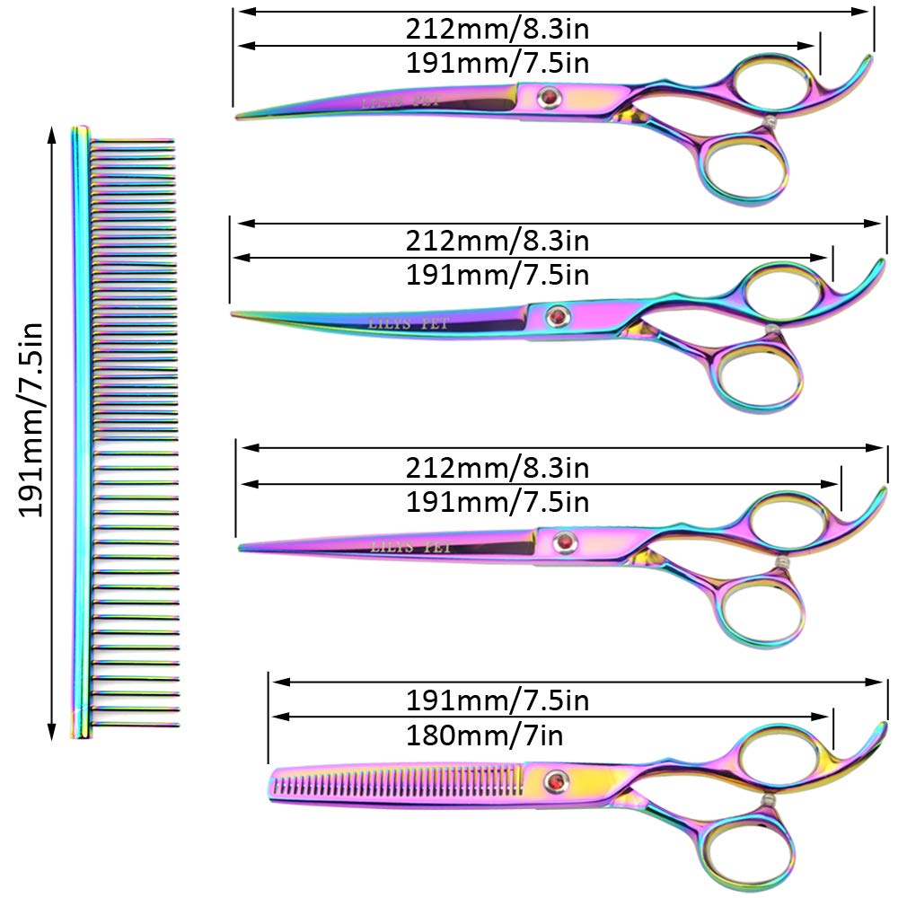 Lilys Pet Professional Pet Dog Grooming Coated Titanium Scissors Suit Cutting&Curved&Thinning Shears (7.5 Inches, Rainbow)